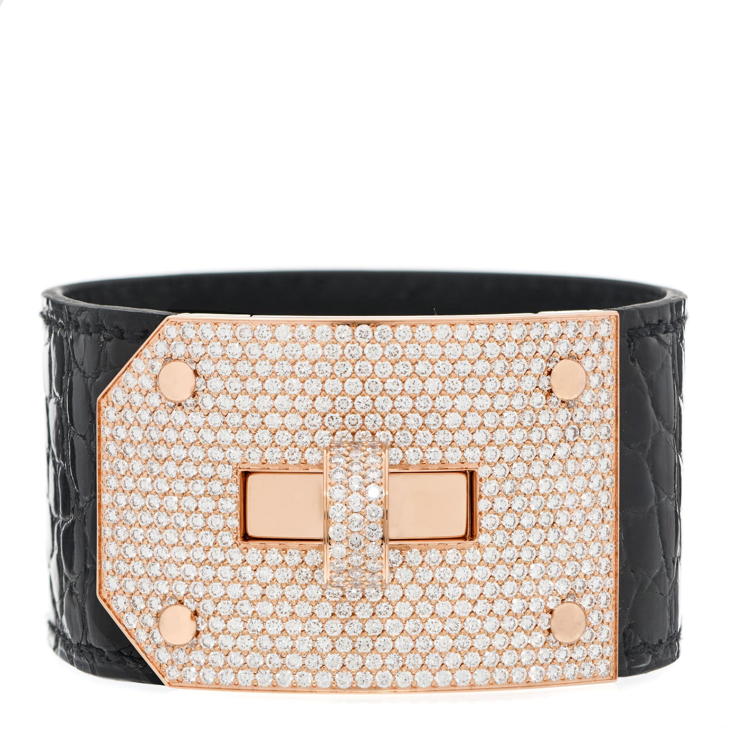 18K Rose Gold Shiny Crocodile Diamond Kelly Bracelet Noir