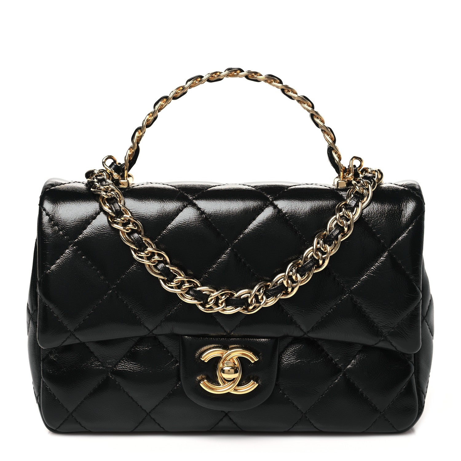 Chanel Shiny Lambskin Quilted Golden Links Top Handle Flap Black