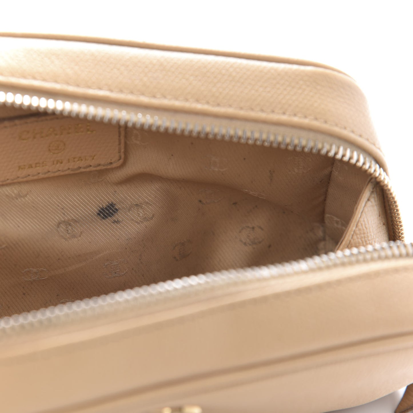 Grained Calfskin CC Button Medium Pouch Cosmetic Case Beige