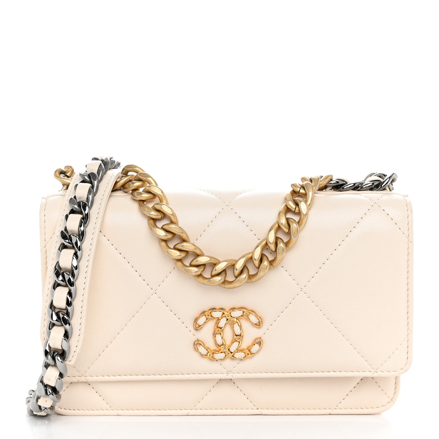 Lambskin Quilted Chanel 19 Wallet On Chain WOC Light Beige