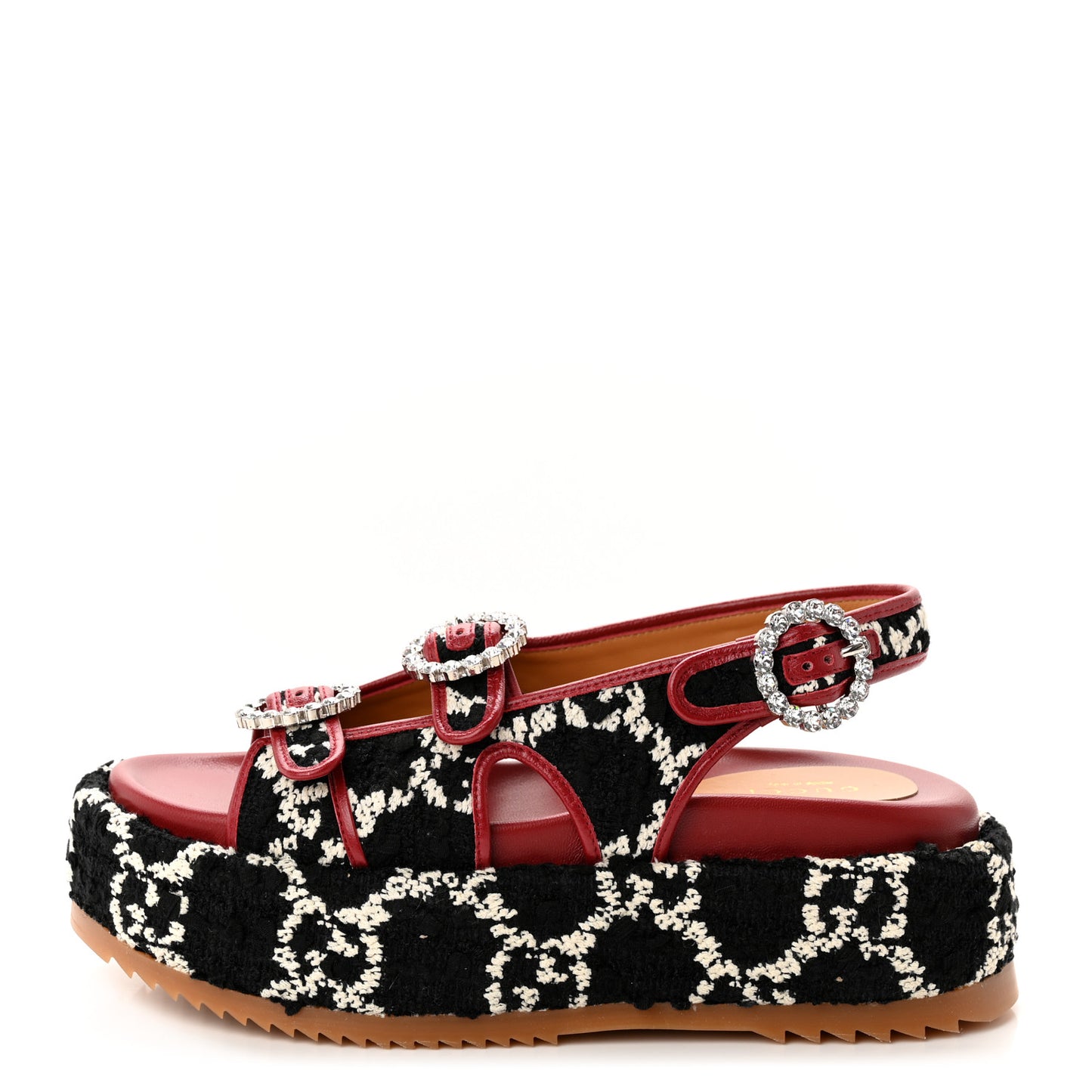 Tweed GG Monogram Crystal Angelina Platform Slingback Sandals 36 Black Natural Cerise