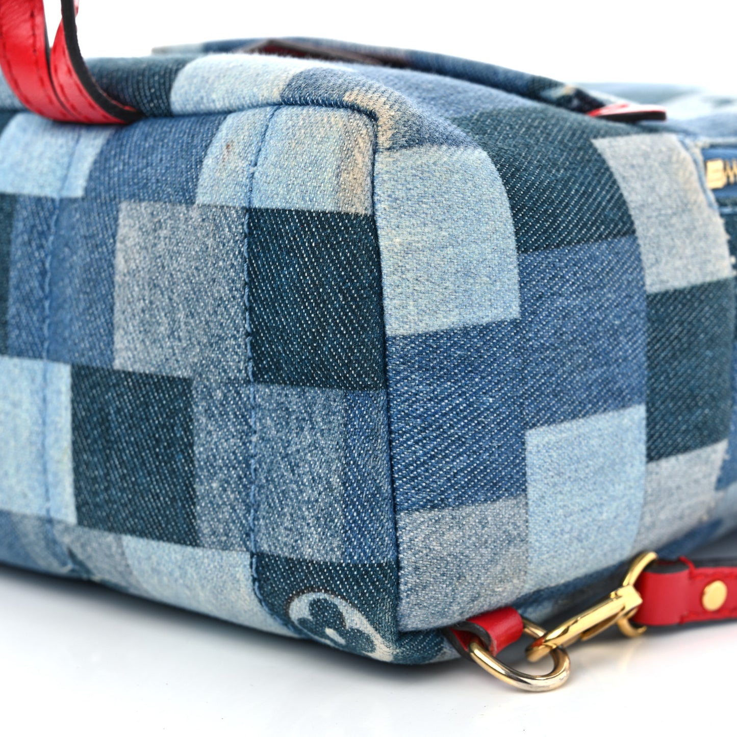Denim Damier Monogram Patchwork Palm Springs Backpack Mini Blue Rouge