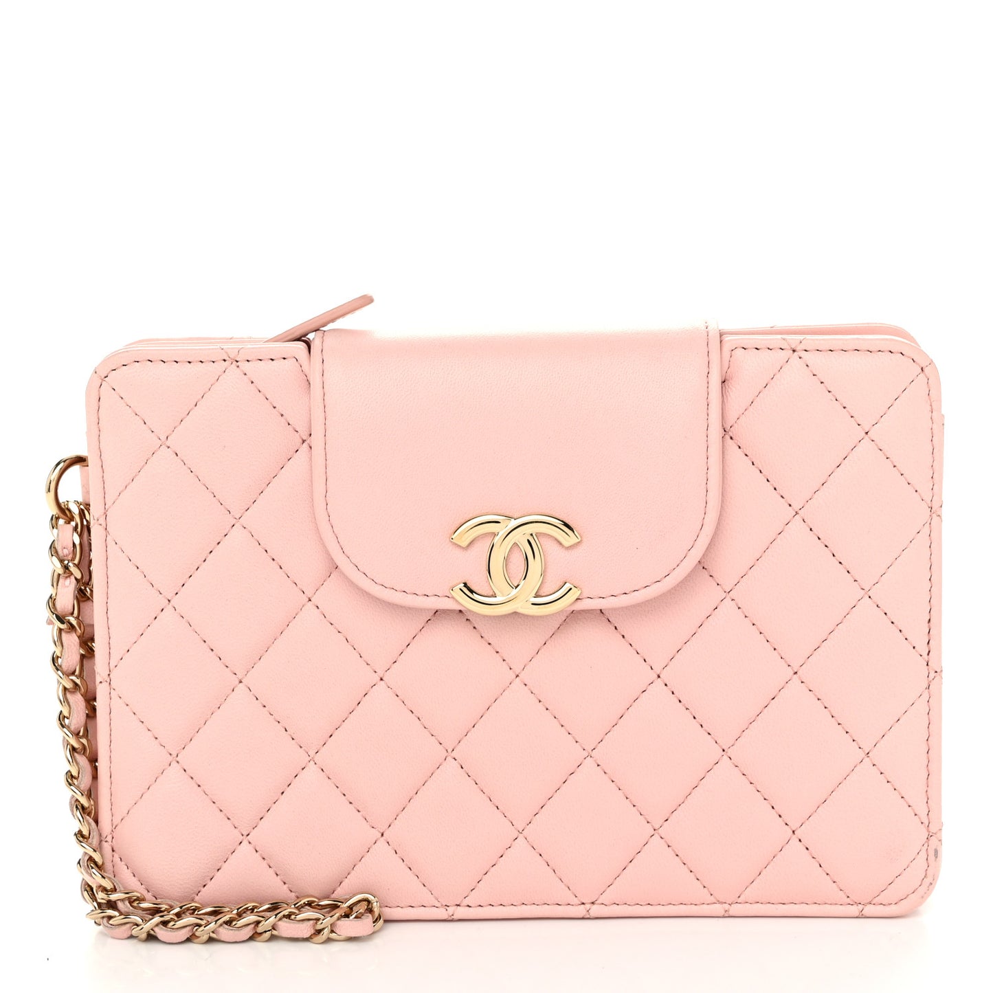 Lambskin Quilted CC Pouch Wristlet Pink