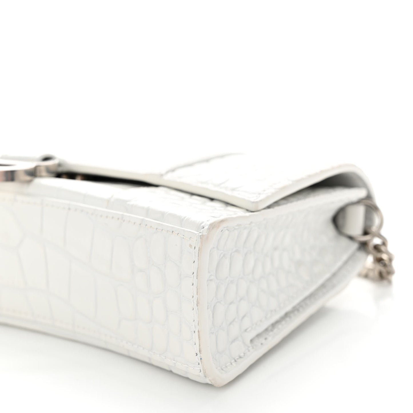 Shiny Calfskin Crocodile Embossed Small Hourglass Evening Chain Bag White