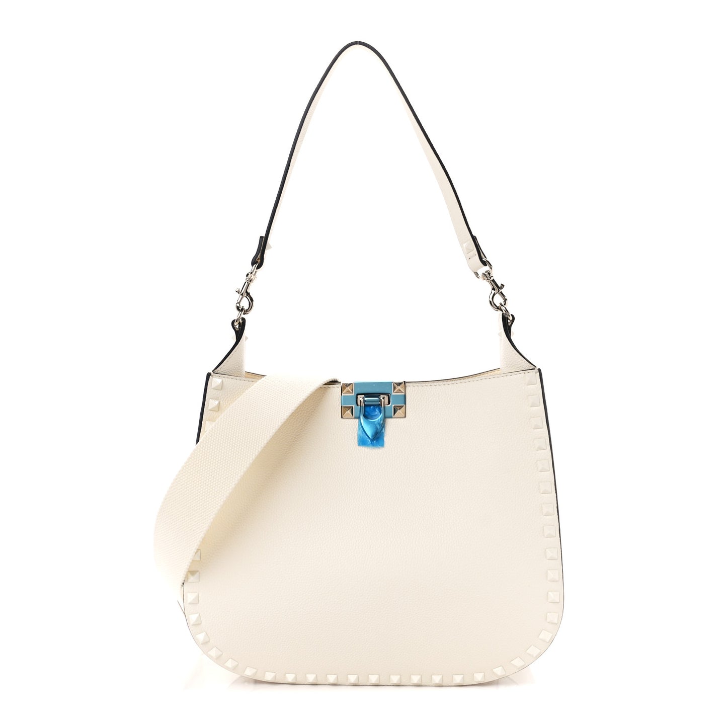 Grainy Calfskin Rockstud Flip-Lock Hobo Bag Ivory