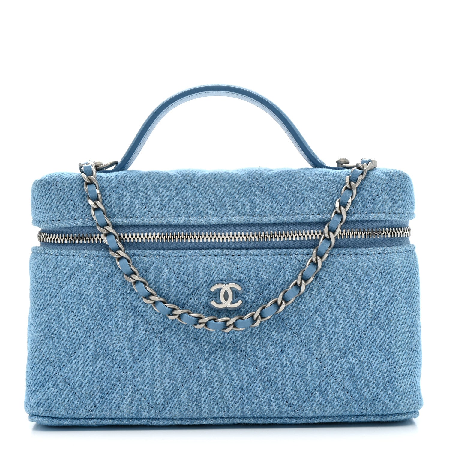 Chanel Denim Quilted Top Handle Slim Vanity Case With Chain Blue