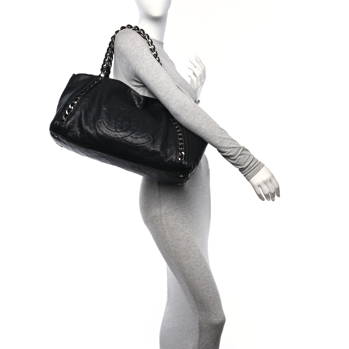 Glazed Calfskin East West Modern Chain Tote Black