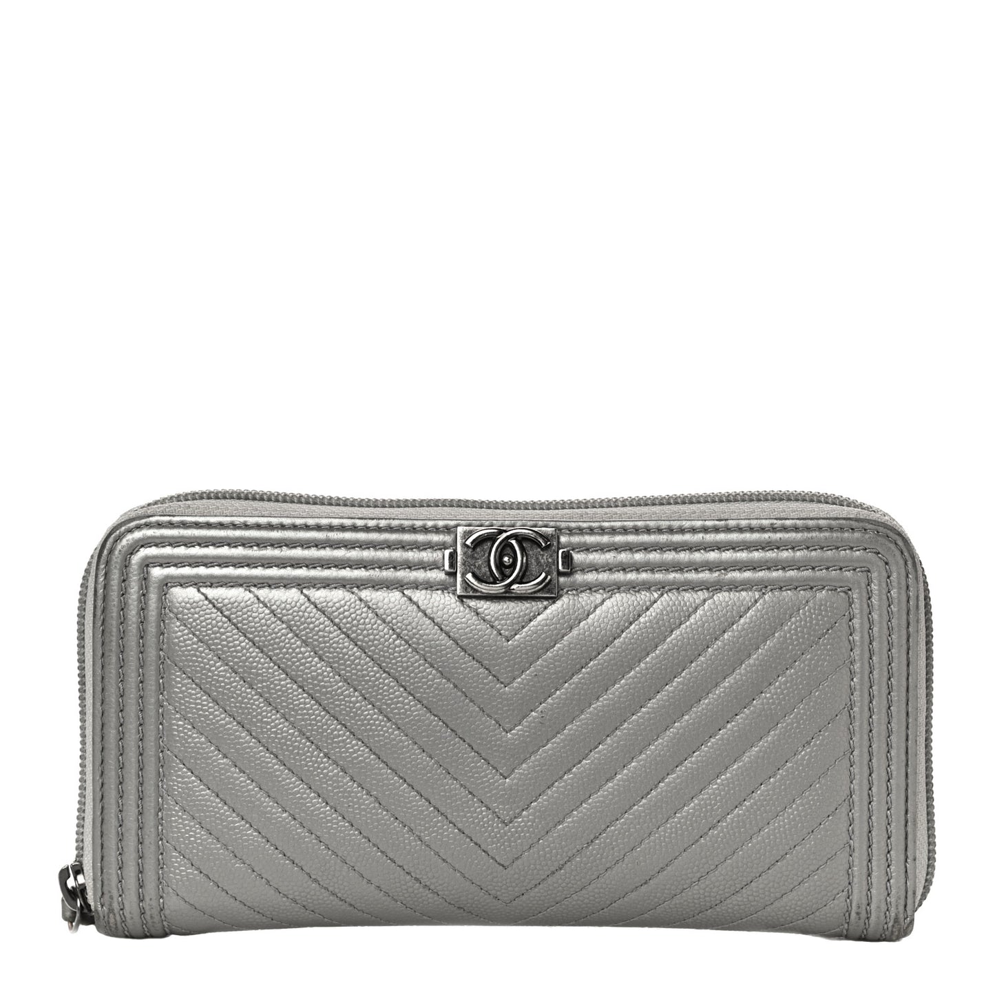 Metallic Caviar Chevron Quilted Boy Small Zip Around Wallet Silver