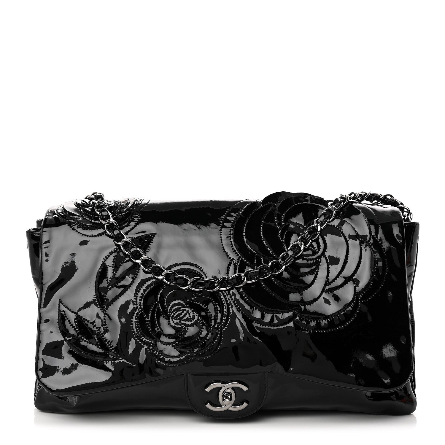 Chanel Patent Tweed Maxi Camellia Petals Flap Black 1886728