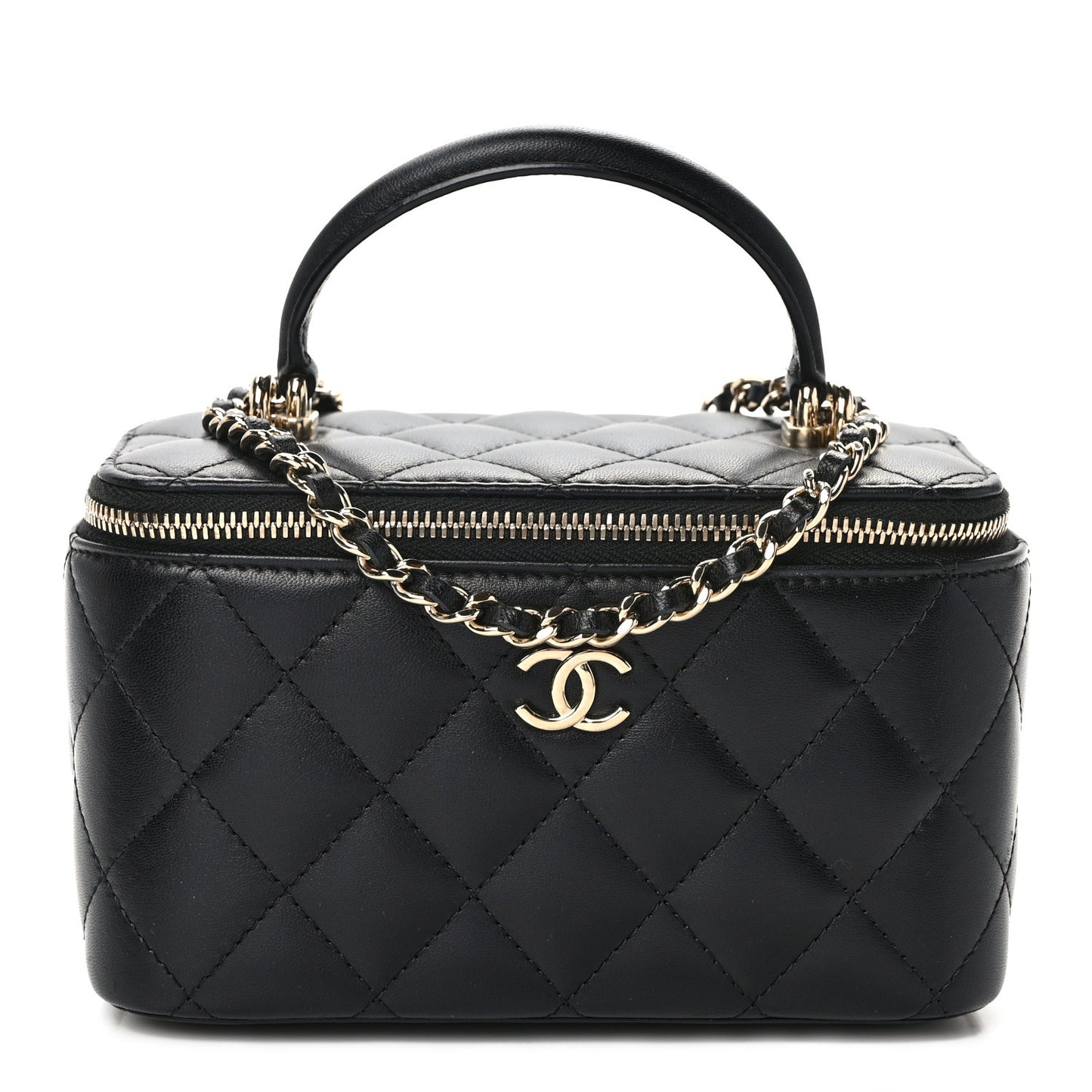 Lambskin Quilted Small Top Handle Vanity Case With Chain Black