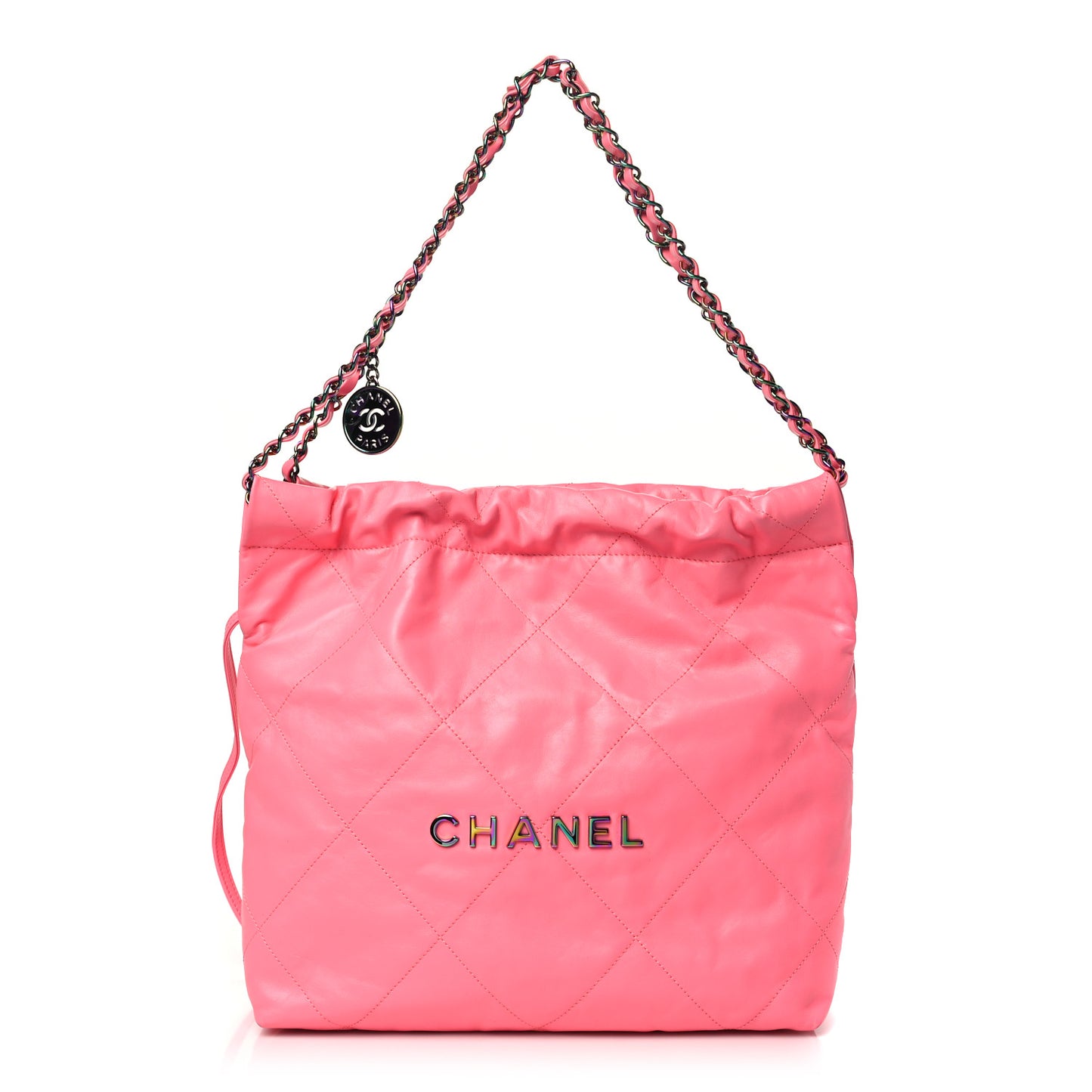Shiny Calfskin Quilted Small Rainbow Metal Chanel 22 Coral Pink