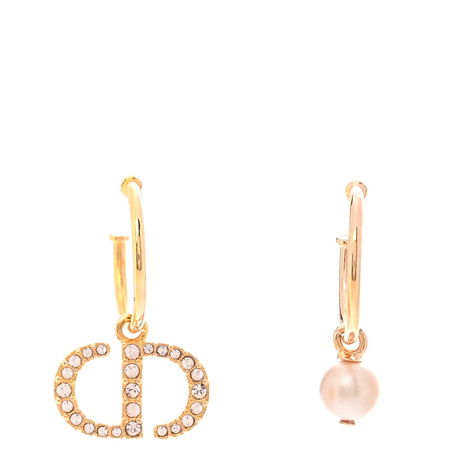 Christian Dior Pearl Crystal Petit CD Hoop Drop Earrings Rose Gold