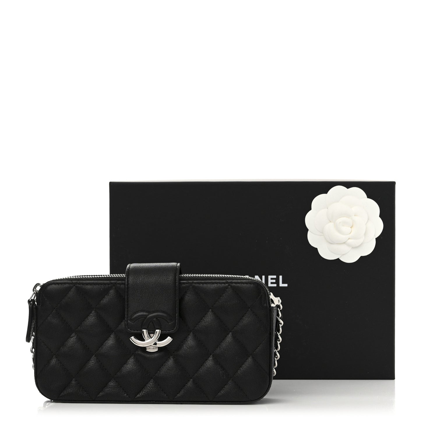 Lambskin Quilted CC Box Clutch With Chain Black