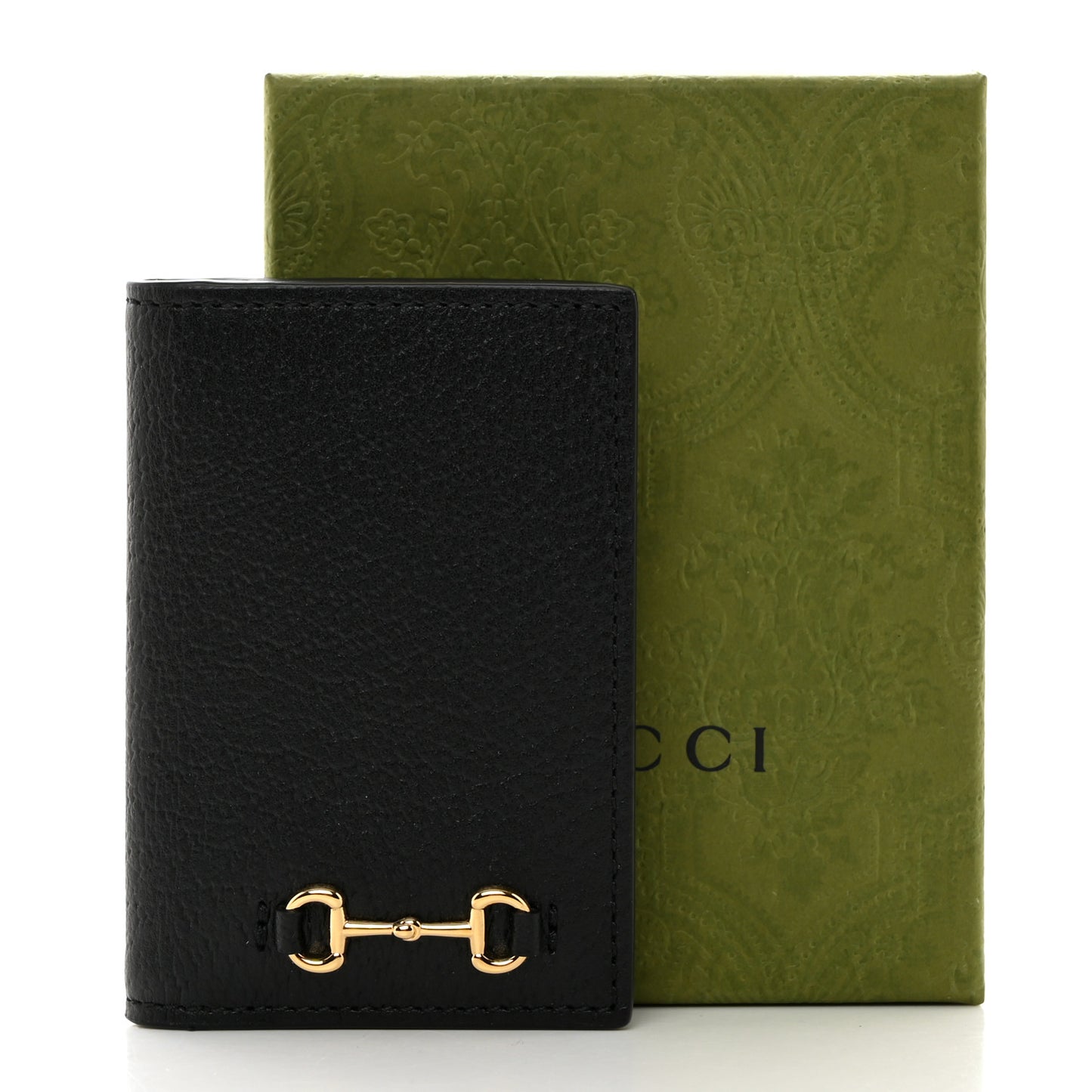 Textured Dollar Calfskin Horsebit Card Holder Black