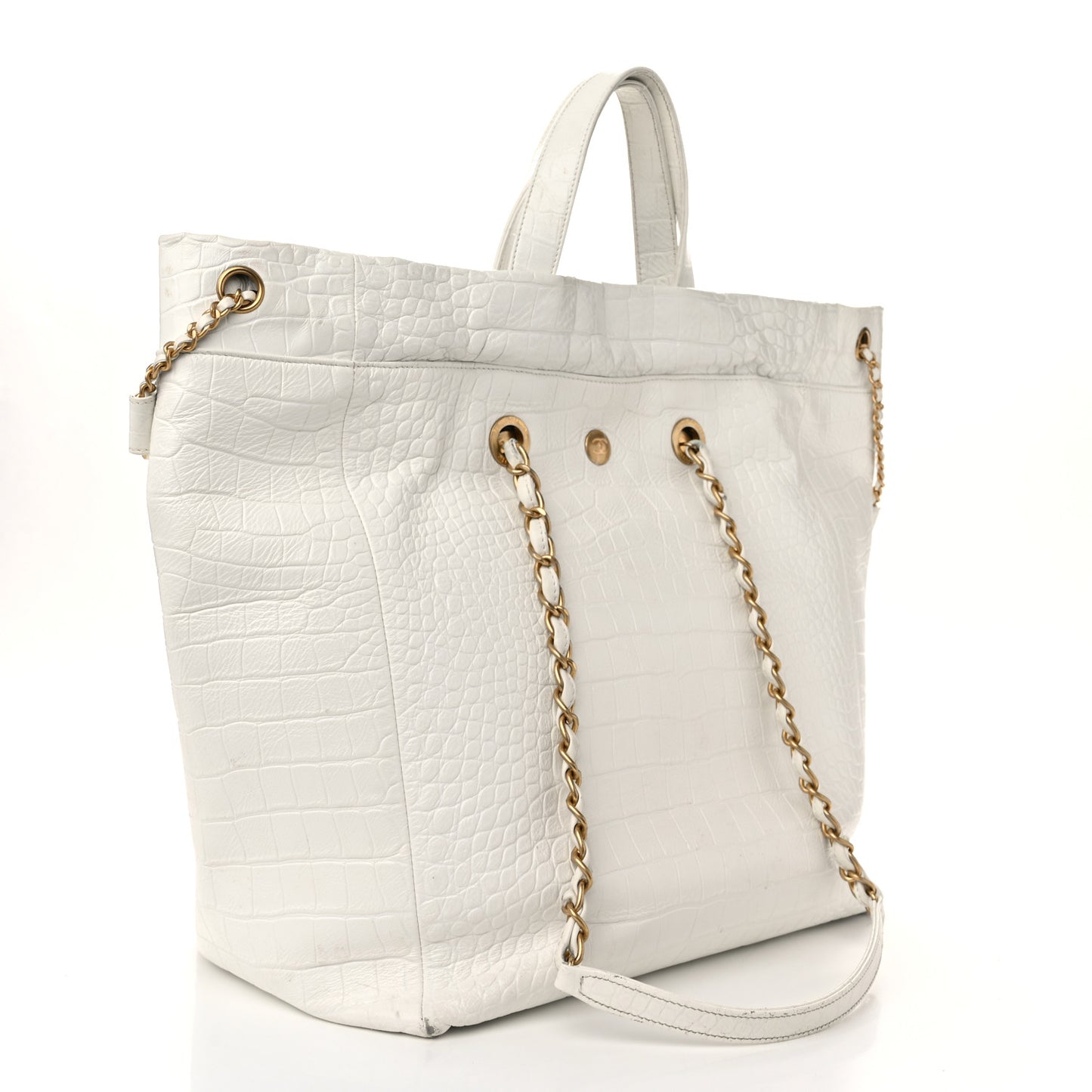 Calfskin Crocodile Embossed Large Cocodile Shopping Tote White