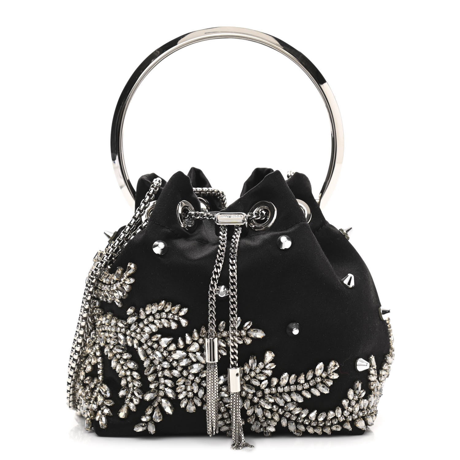 Jimmy Choo Satin Crystal Embellished Bon Bon Bucket Bag Black 1 of 11