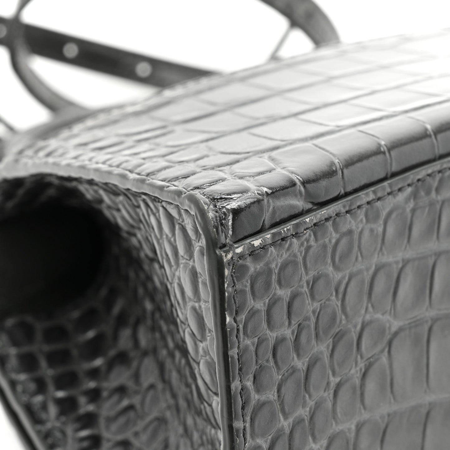 Shiny Calfskin Crocodile Embossed Small Hourglass Top Handle Bag Dark Grey