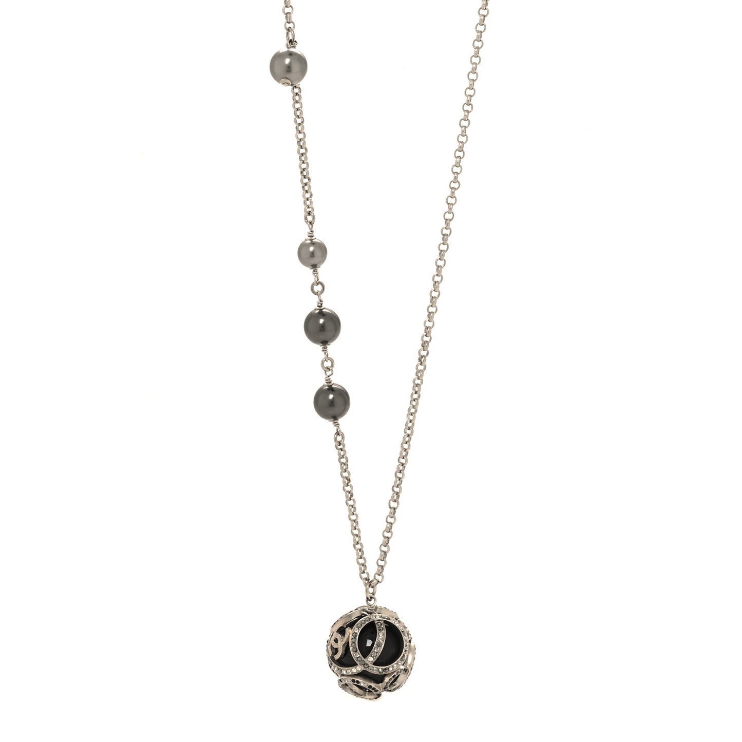 Pearl Crystal CC Long Necklace Silver Black