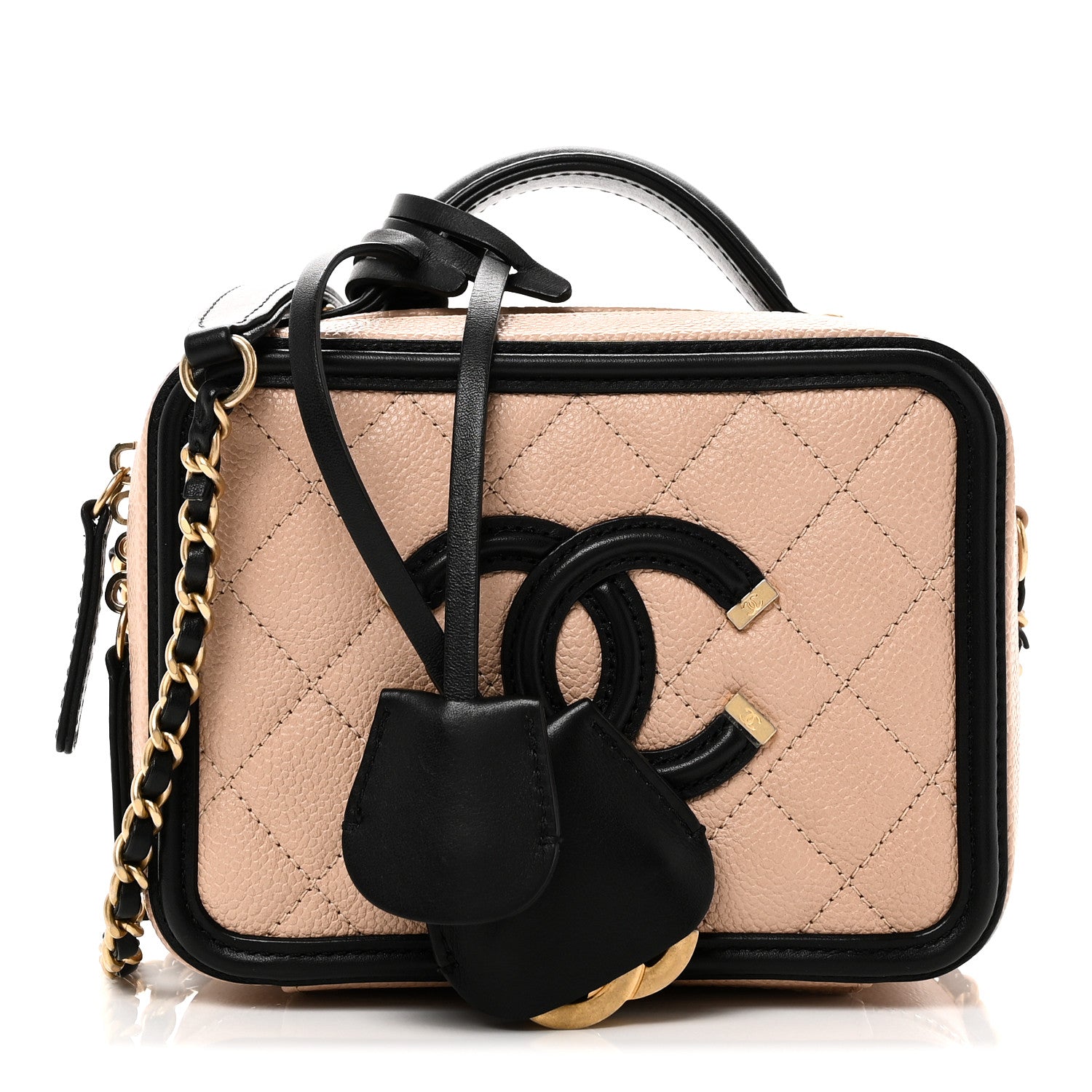 Chanel Caviar Quilted Small CC Filigree Vanity Case Beige Black