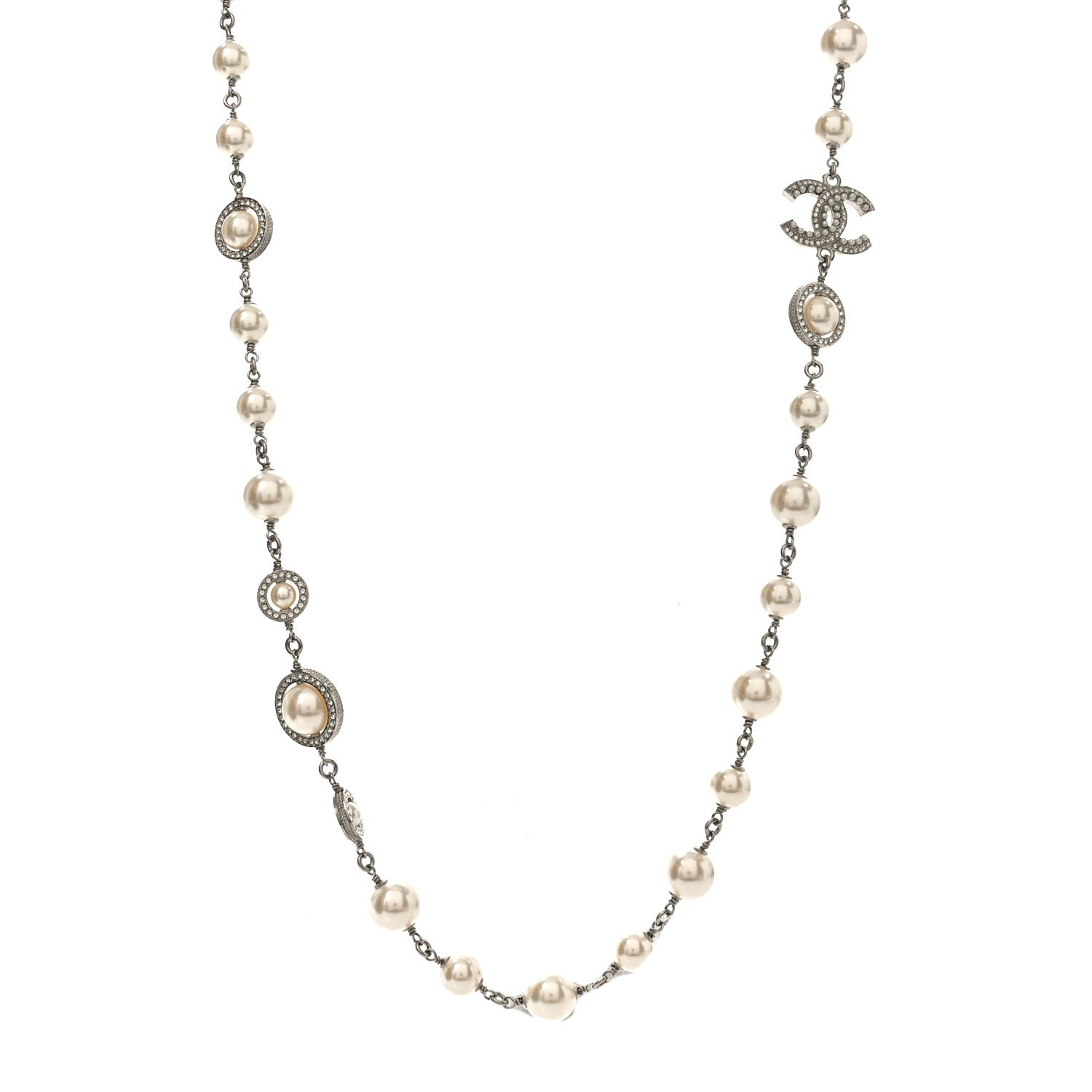 Chanel Pearl Crystal CC Long Necklace Silver 1809736 – FASHIONPHILE