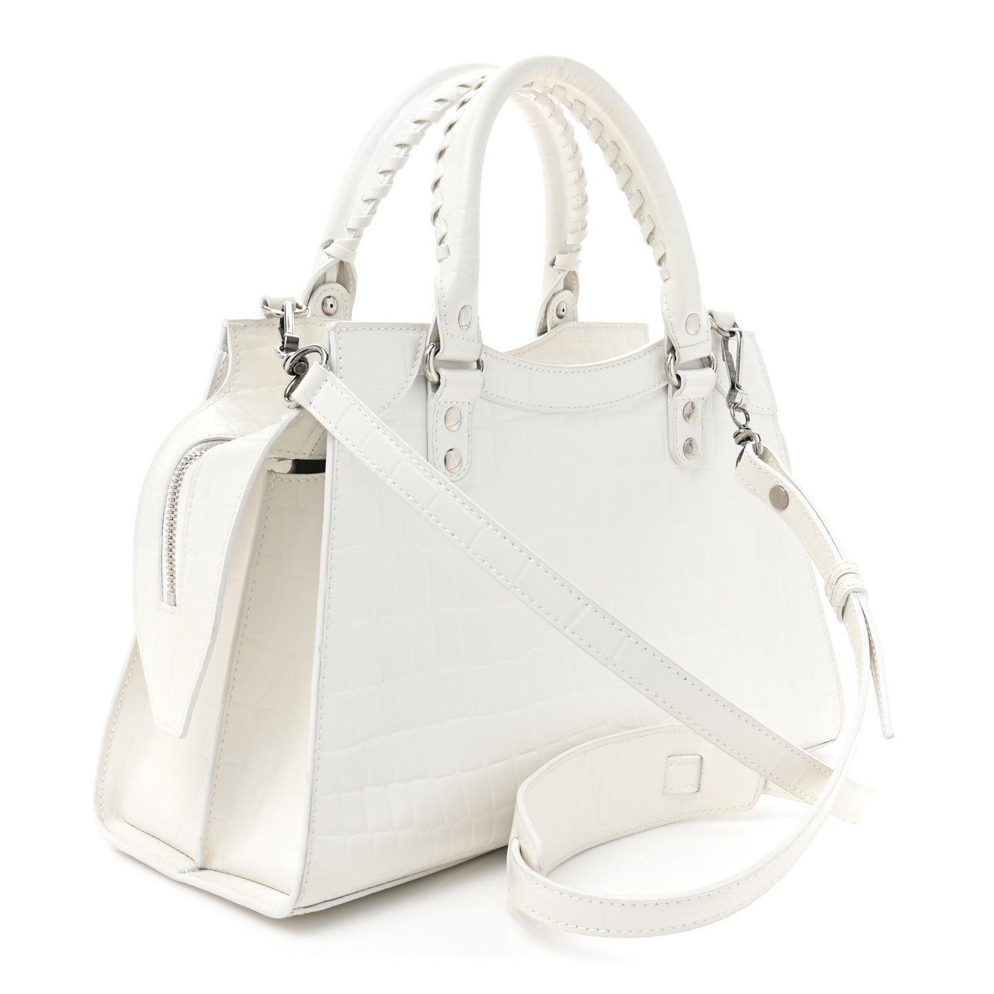 Semi Shiny Calfskin Crocodile Embossed Neo Classic Silver Hardware S City White