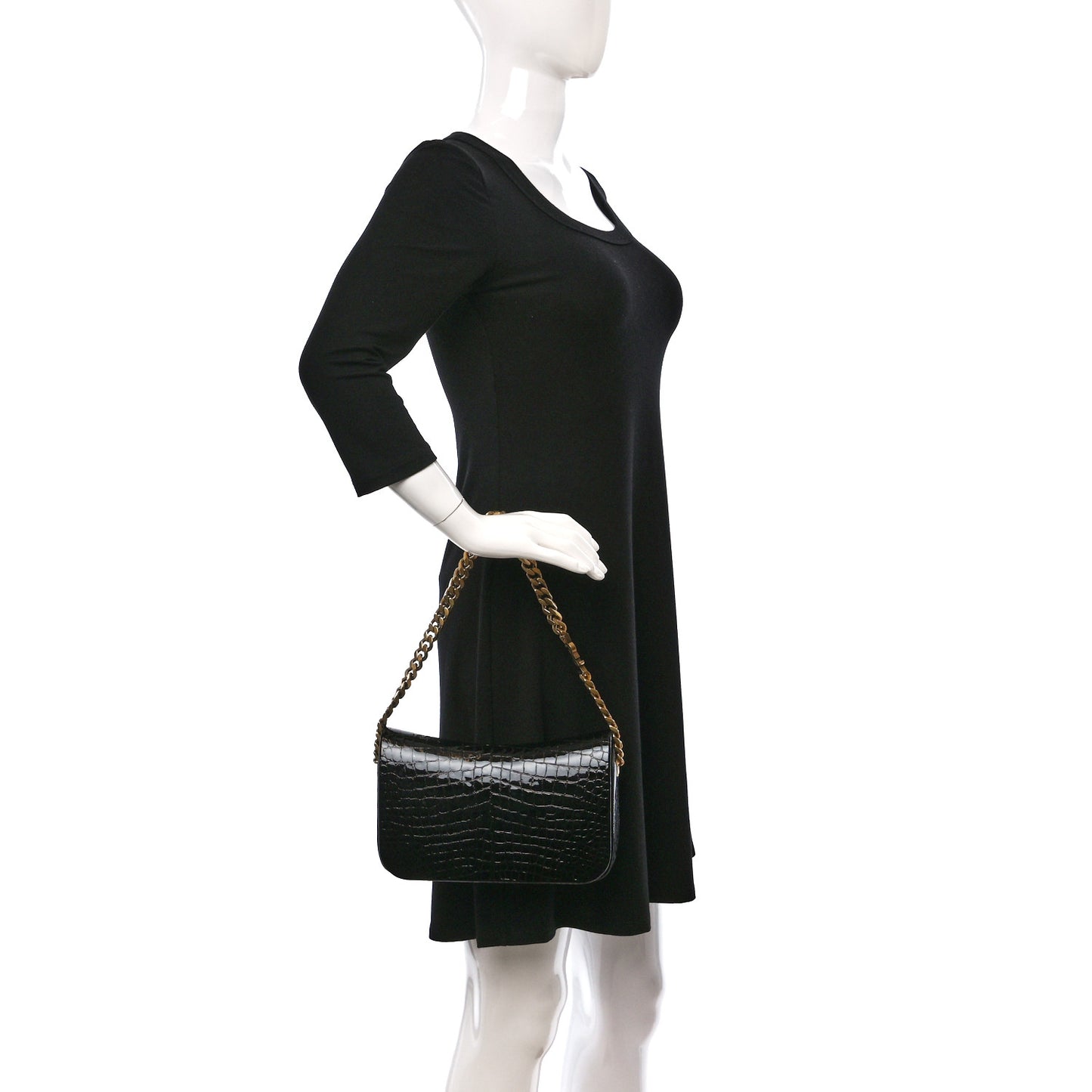 Patent Calfskin Crocodile Embossed Elise Chain Shoulder Bag Black