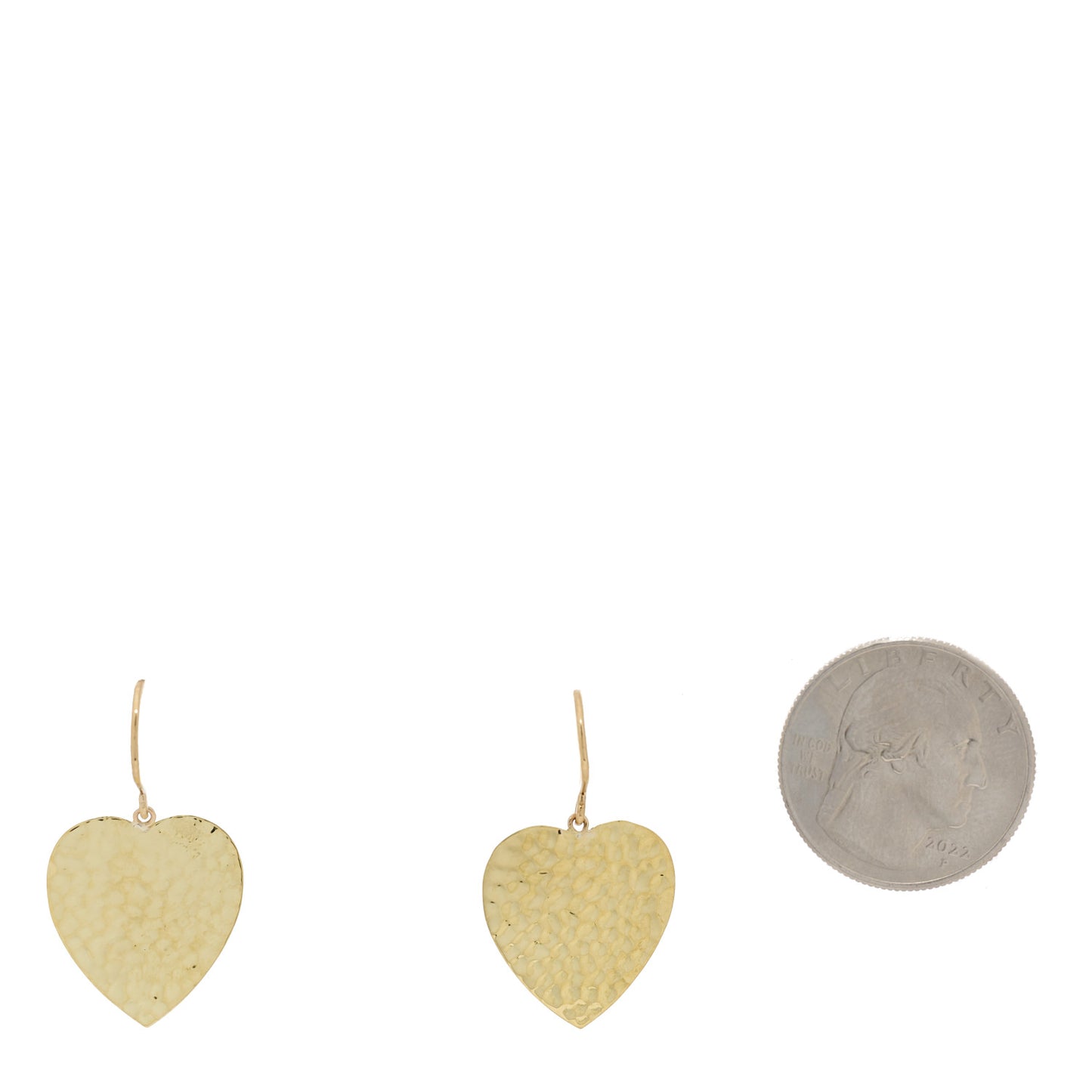 18K Yellow Gold Hammered Heart Drop Earrings