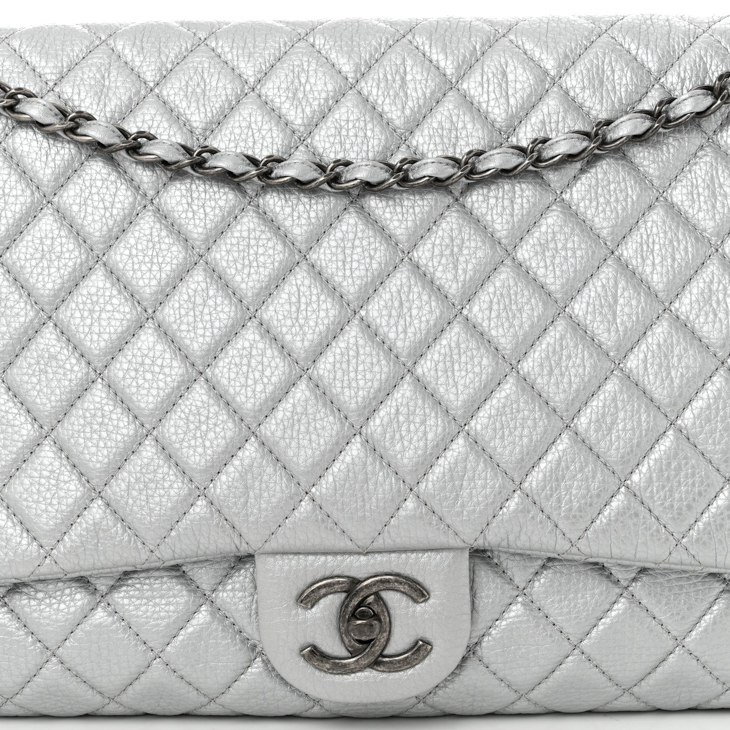 Metallic Calfskin Quilted XXL Travel Flap Bag Silver