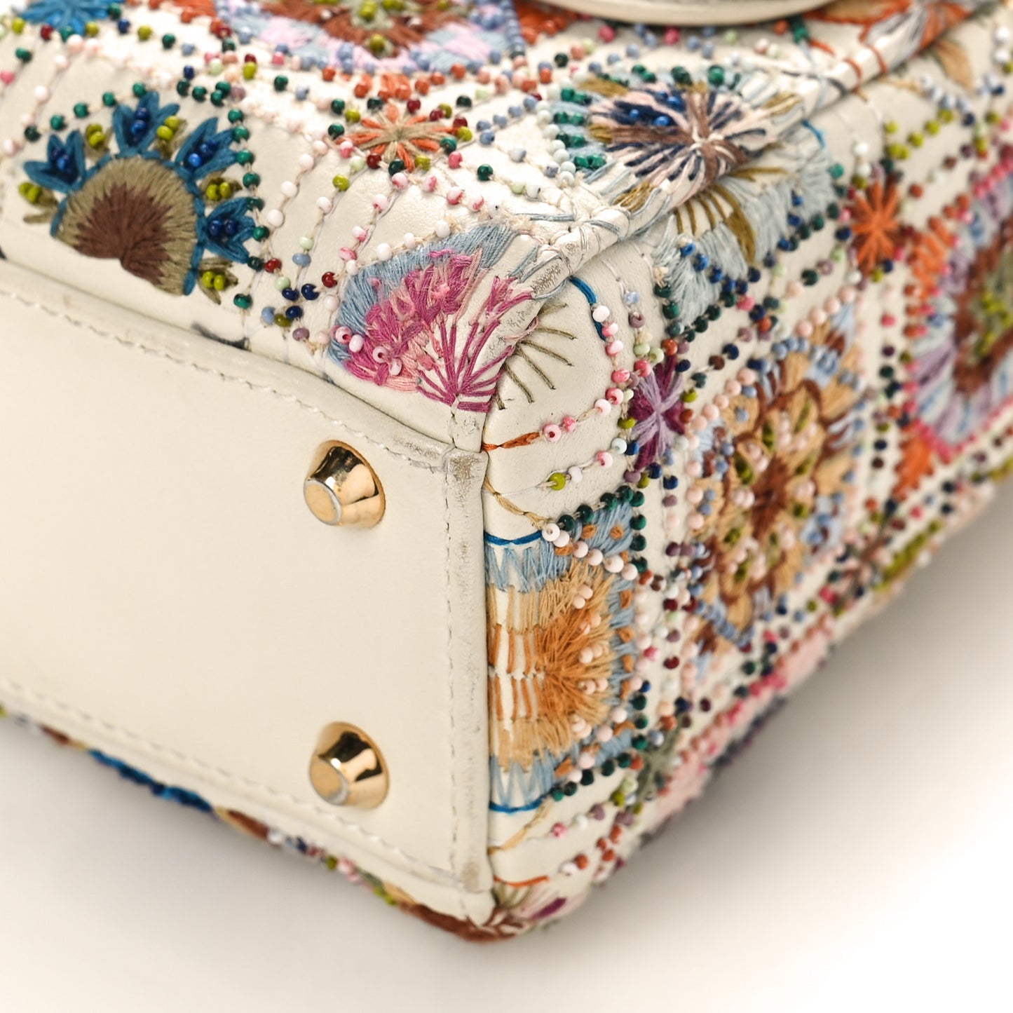 Calfskin Embroidered Beaded Geometric Cannage Mini Lady Dior White Multicolor