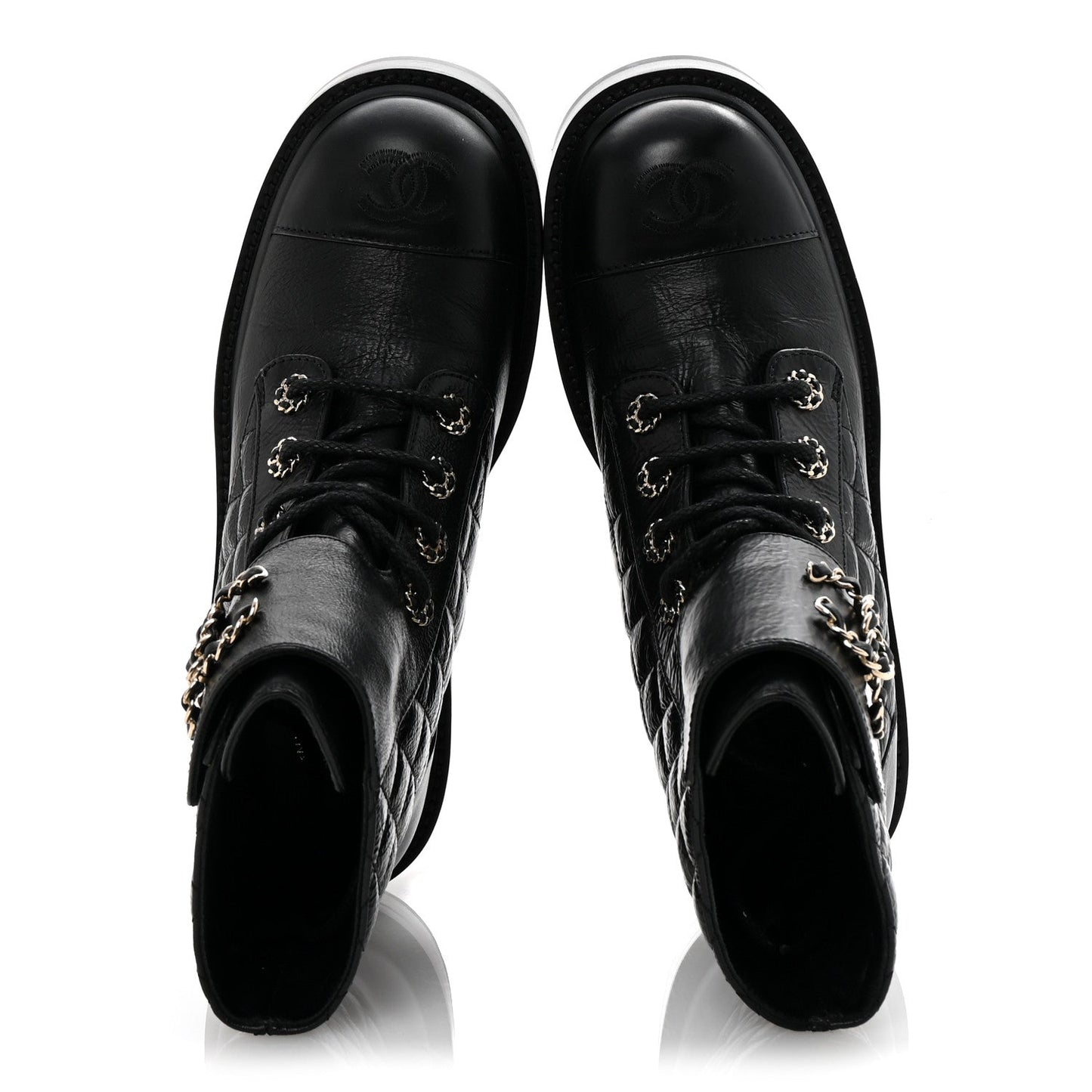 Shiny Lambskin Quilted Lace Up Combat Boots 38 Black
