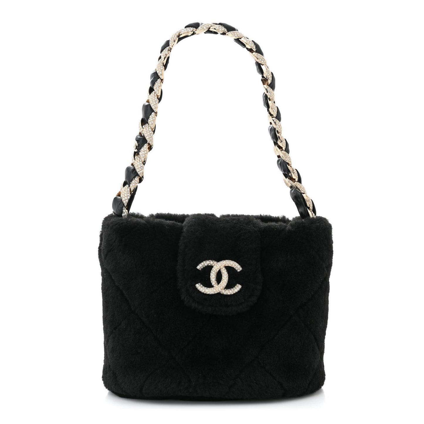 Shearling Lambskin Crystal Strass Flap Black