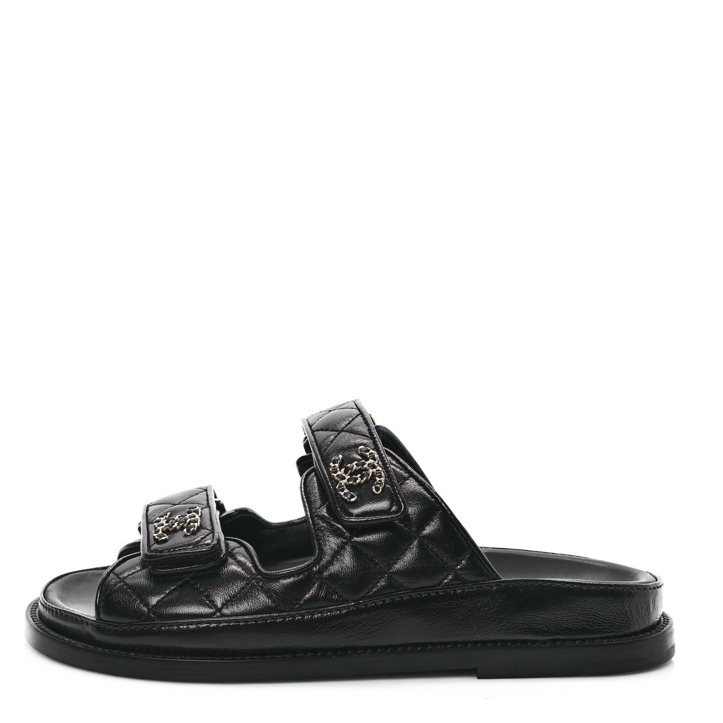 Lambskin Quilted Velcro Dad Chain CC Slide Sandals 35 Black