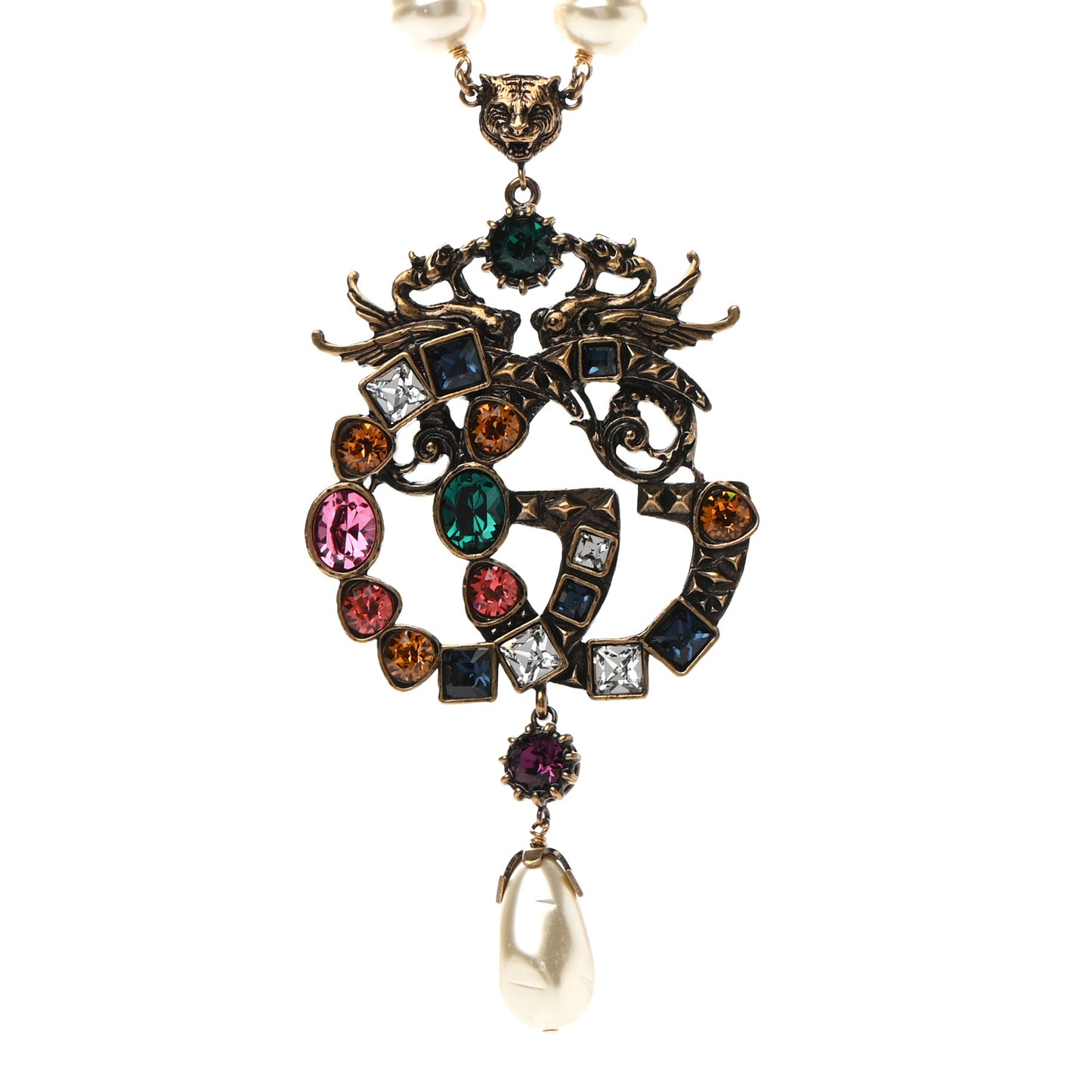 Crystal Pearl Marmont Dragon Necklace Aged Gold Multicolor