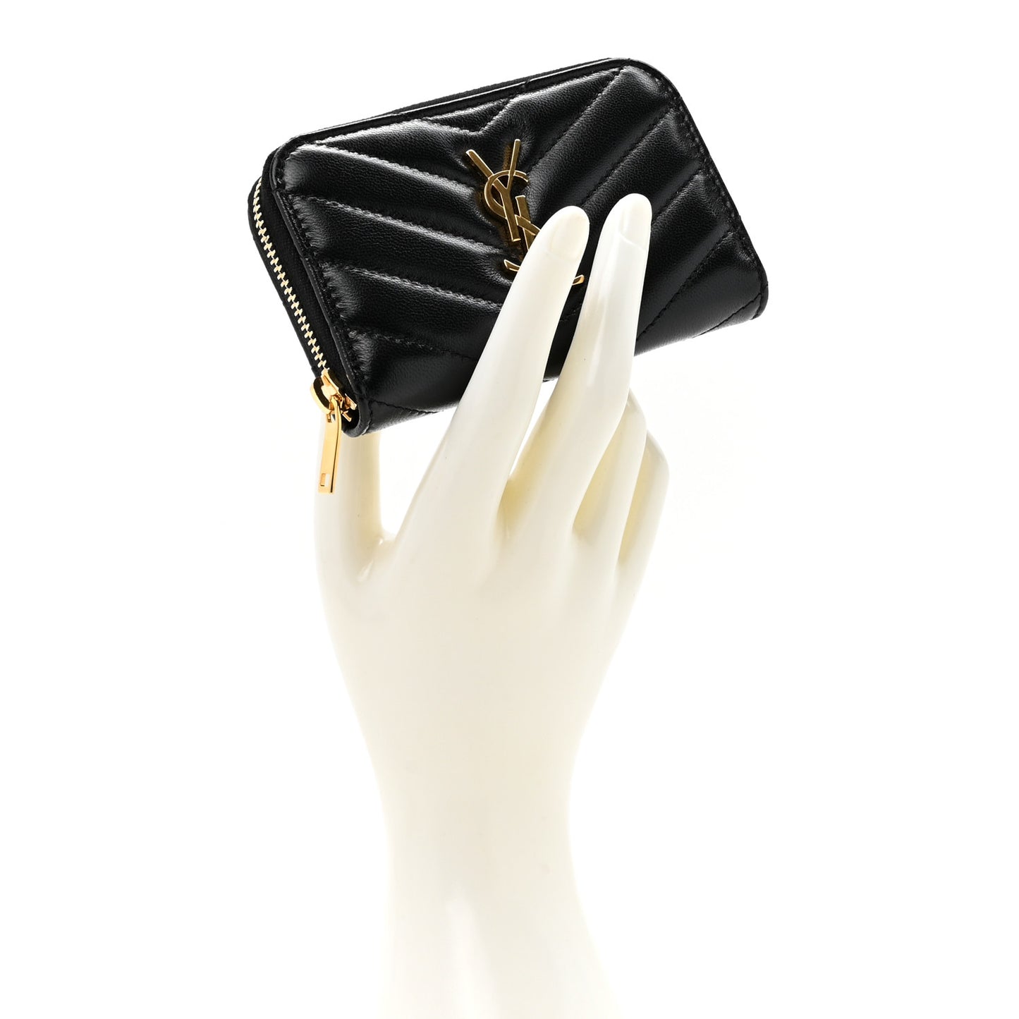Lambskin Matelasse Chevron Monogram Cassandre Compact Zip Around Card Wallet Black