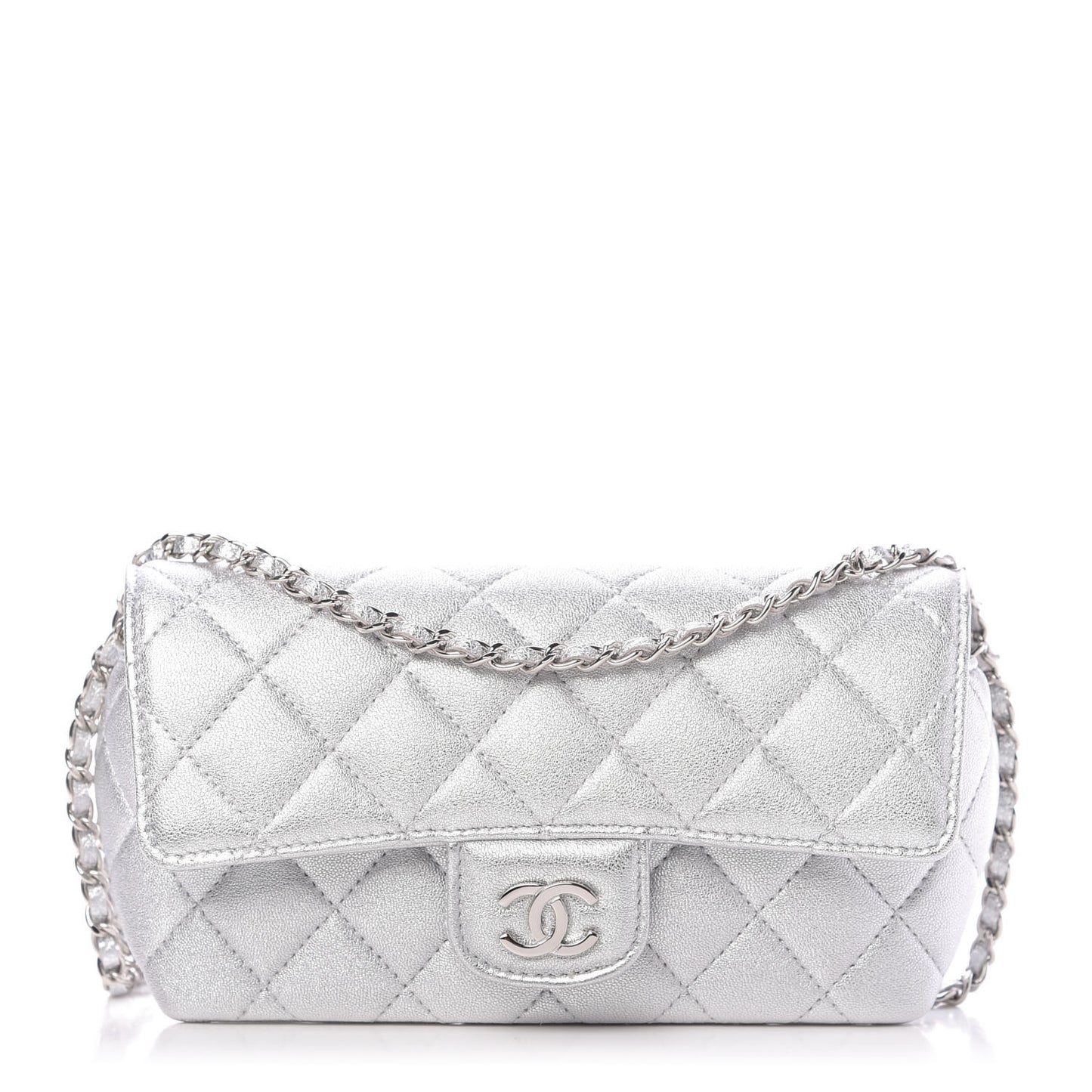 Metallic Lambskin Quilted Glasses Case With Chain Silver