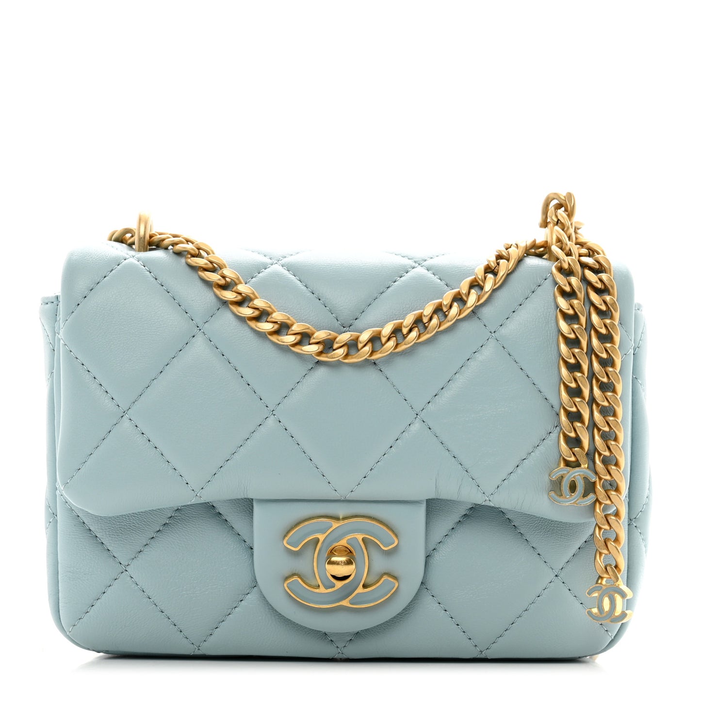Lambskin Enamel Quilted Mini Pending CC Square Flap Light Blue