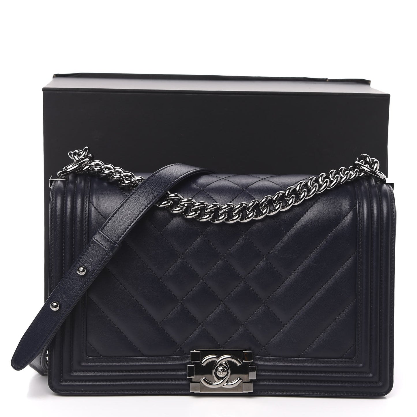 Calfskin Chevron Quilted New Medium Boy Flap Navy Blue