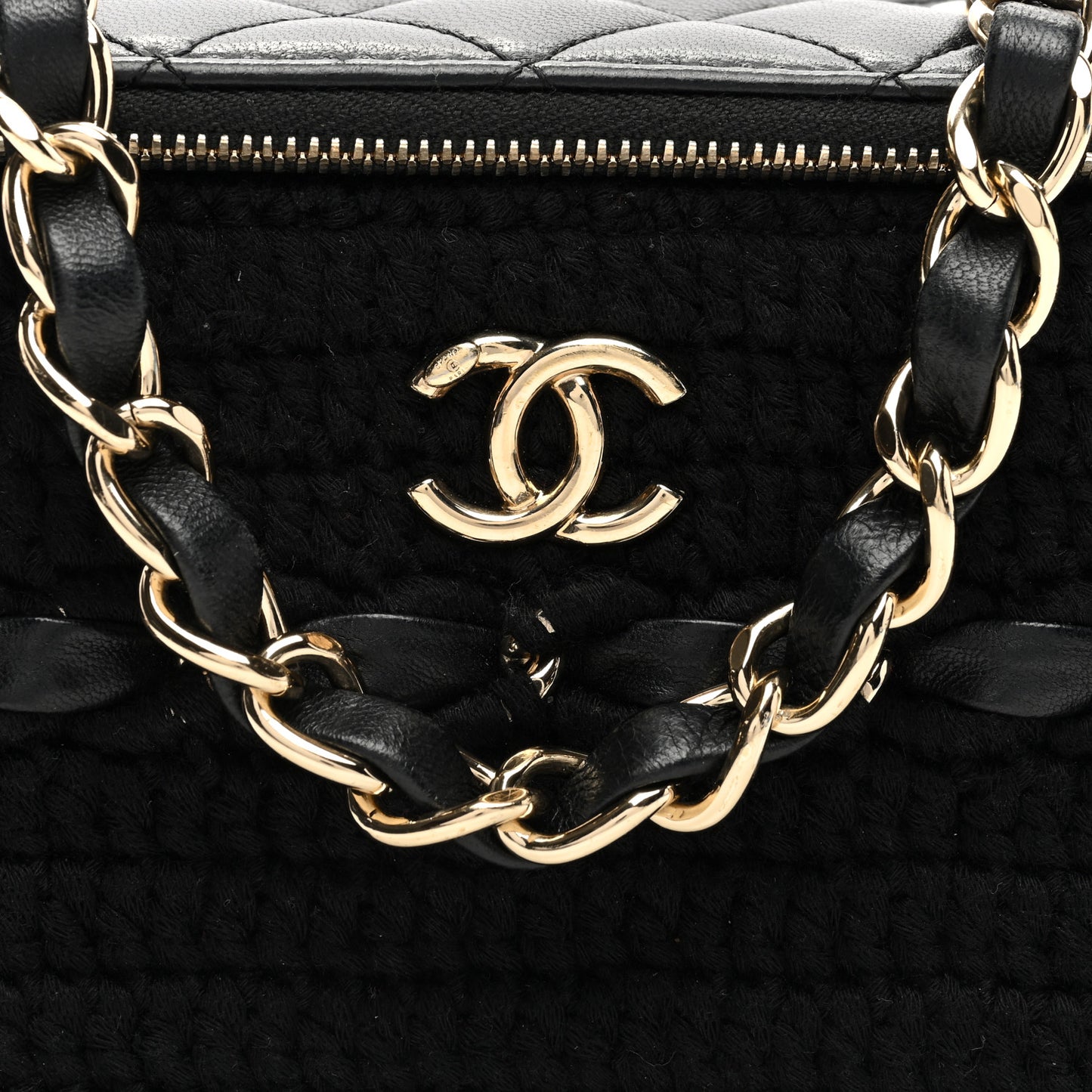 Lambskin Crochet Quilted Small Vanity Case With Chain Black