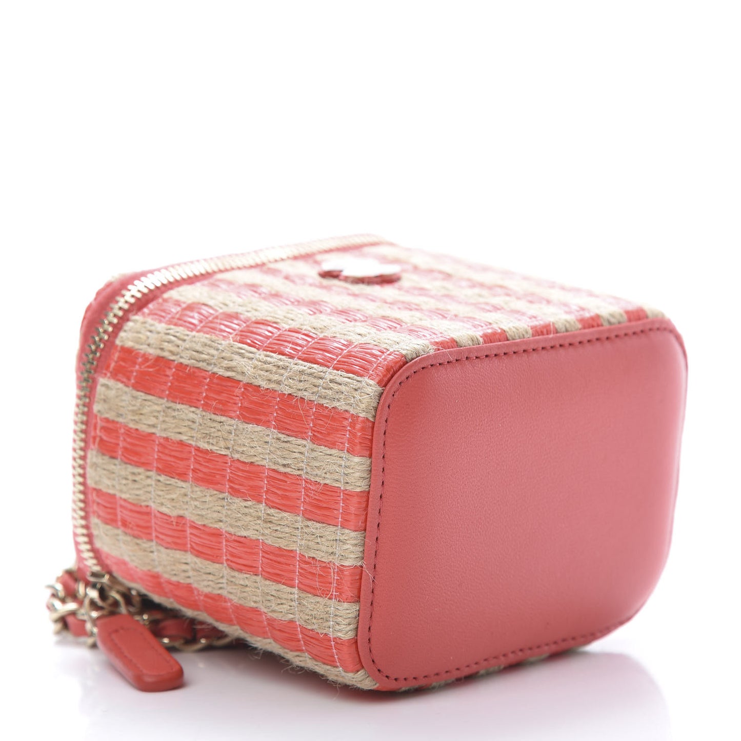 Raffia Jute Striped Mini Vanity Case With Chain Red Beige