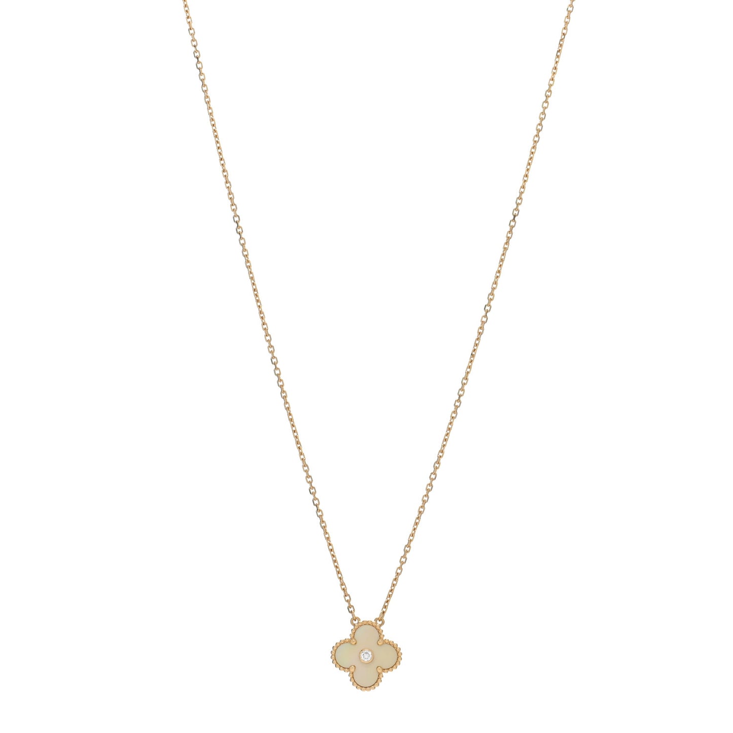 18K Yellow Gold Diamond Yellow Mother of Pearl Vintage Alhambra Pendant Necklace