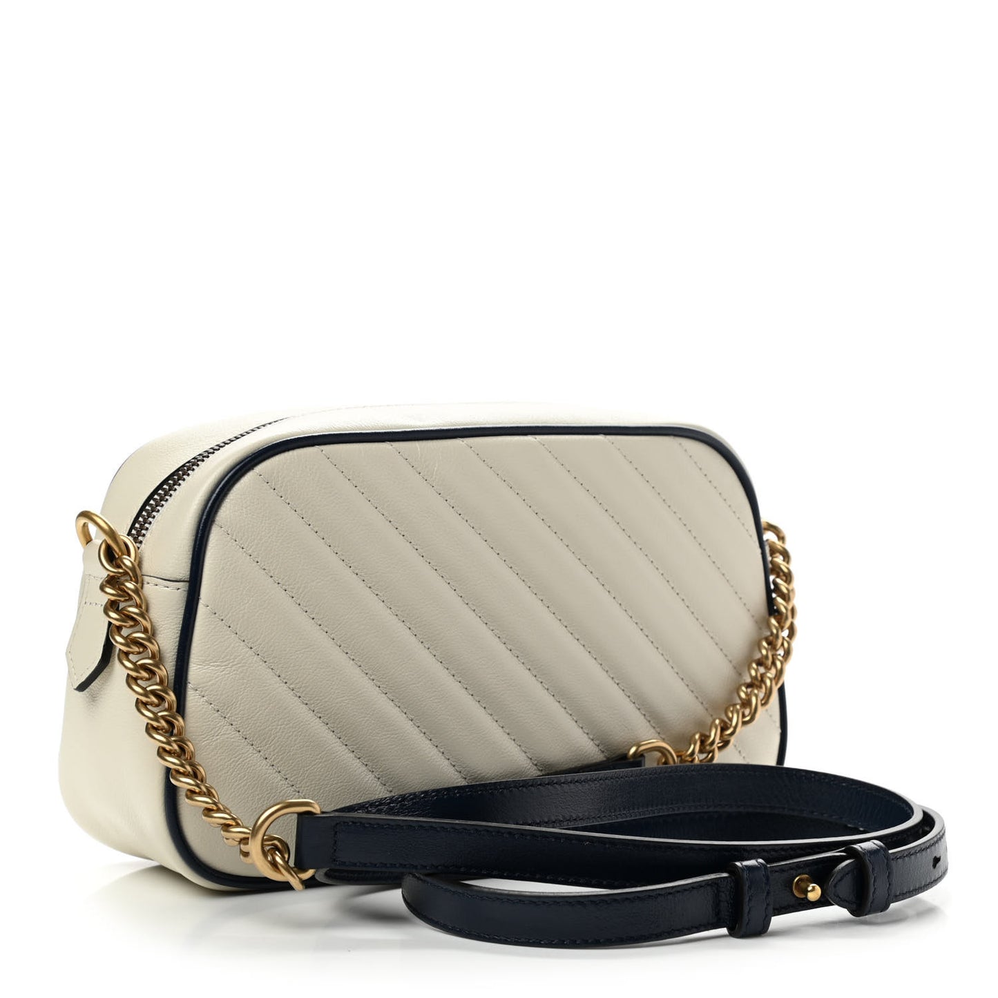 Vintage Effect Calfskin Matelasse Diagonal Small Torchon GG Marmont Chain Shoulder Bag Mystic White Blue Agata