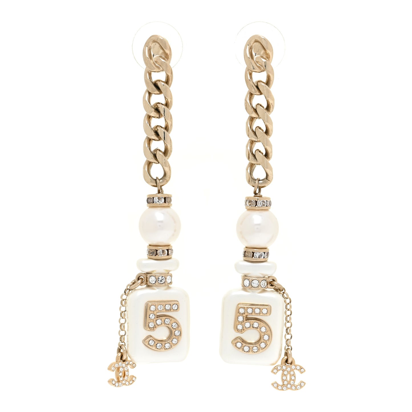 Pearl Resin Crystal CC No 5 Perfume Bottle Chain Drop Earrings Gold Pearly White