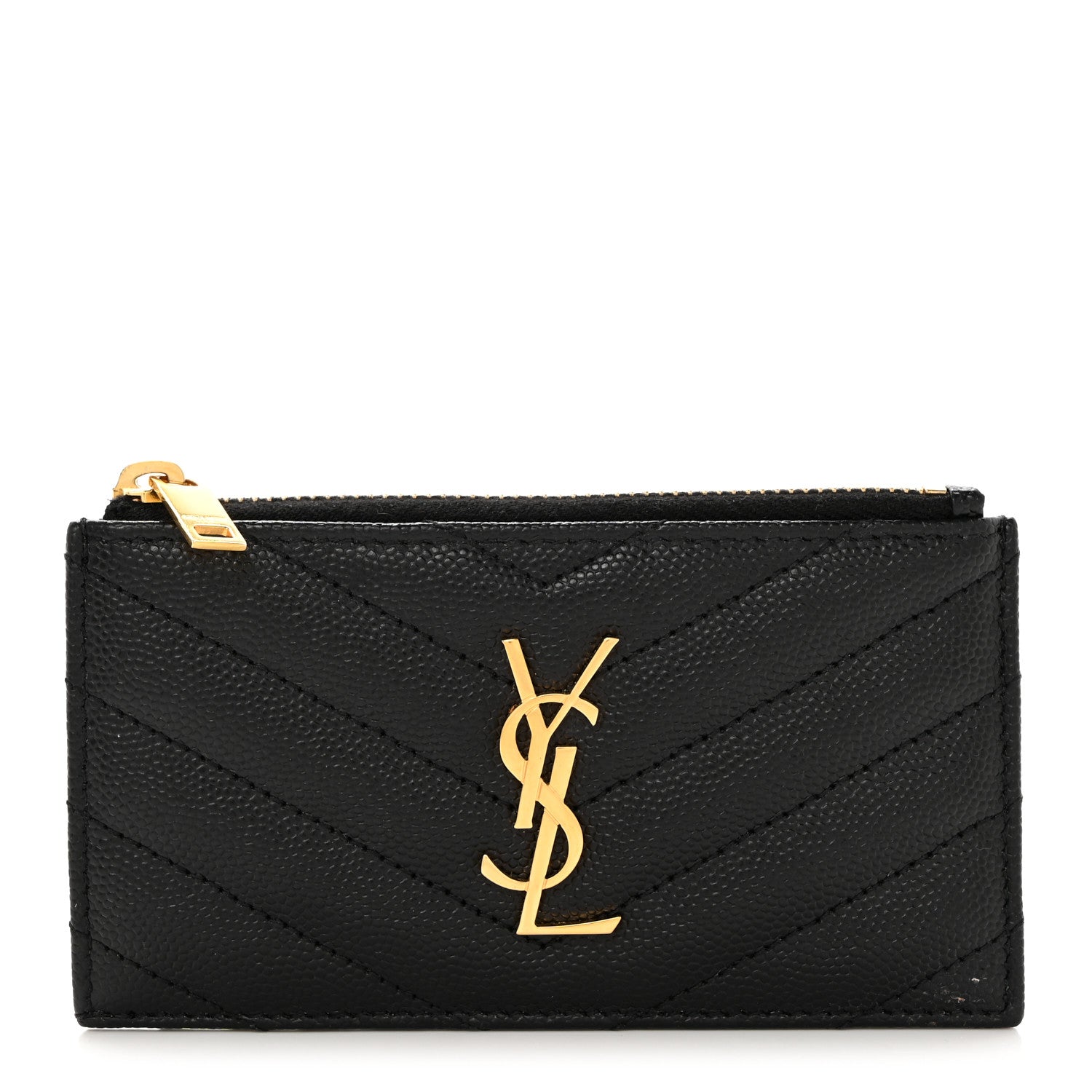 Saint Laurent Grain De Poudre Matelasse Chevron Monogram Fragments Zippered Card Case Black 1 of 8