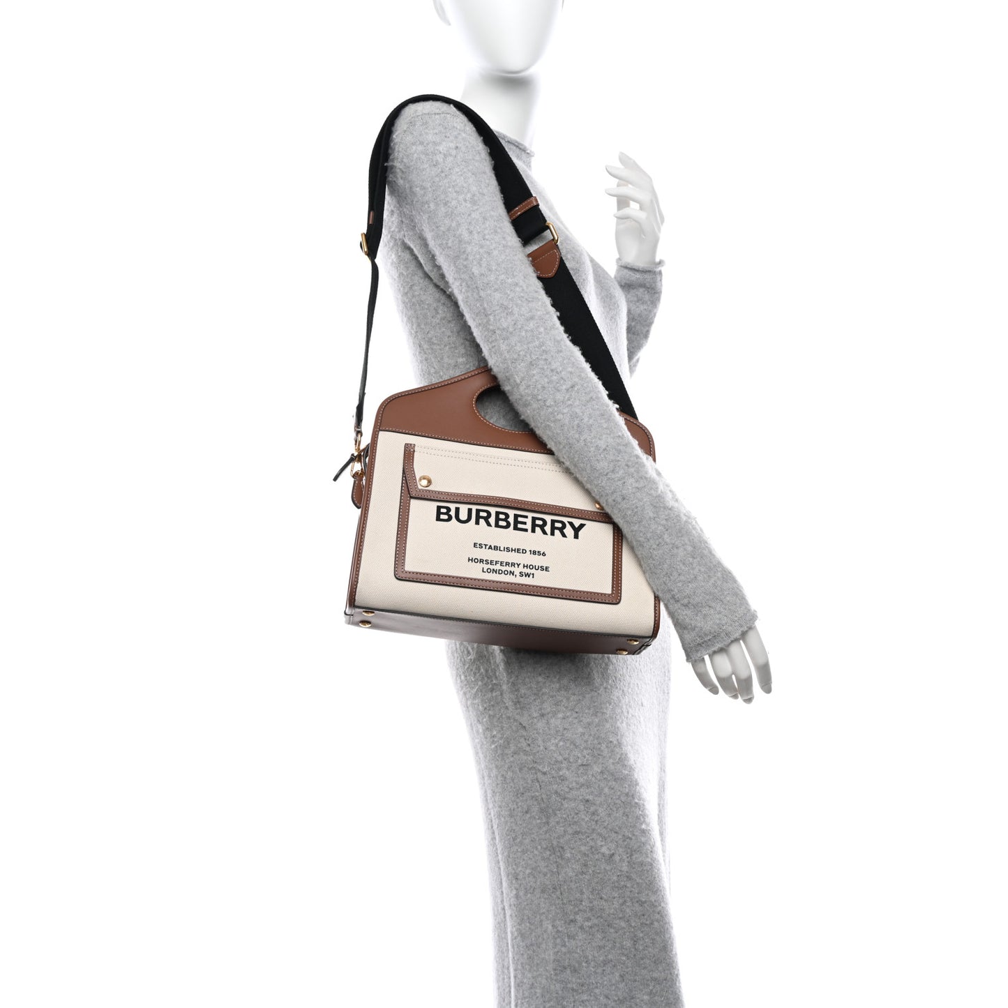Canvas Smooth Calfskin Two Tone Small Pocket Bag Natural Malt Brown