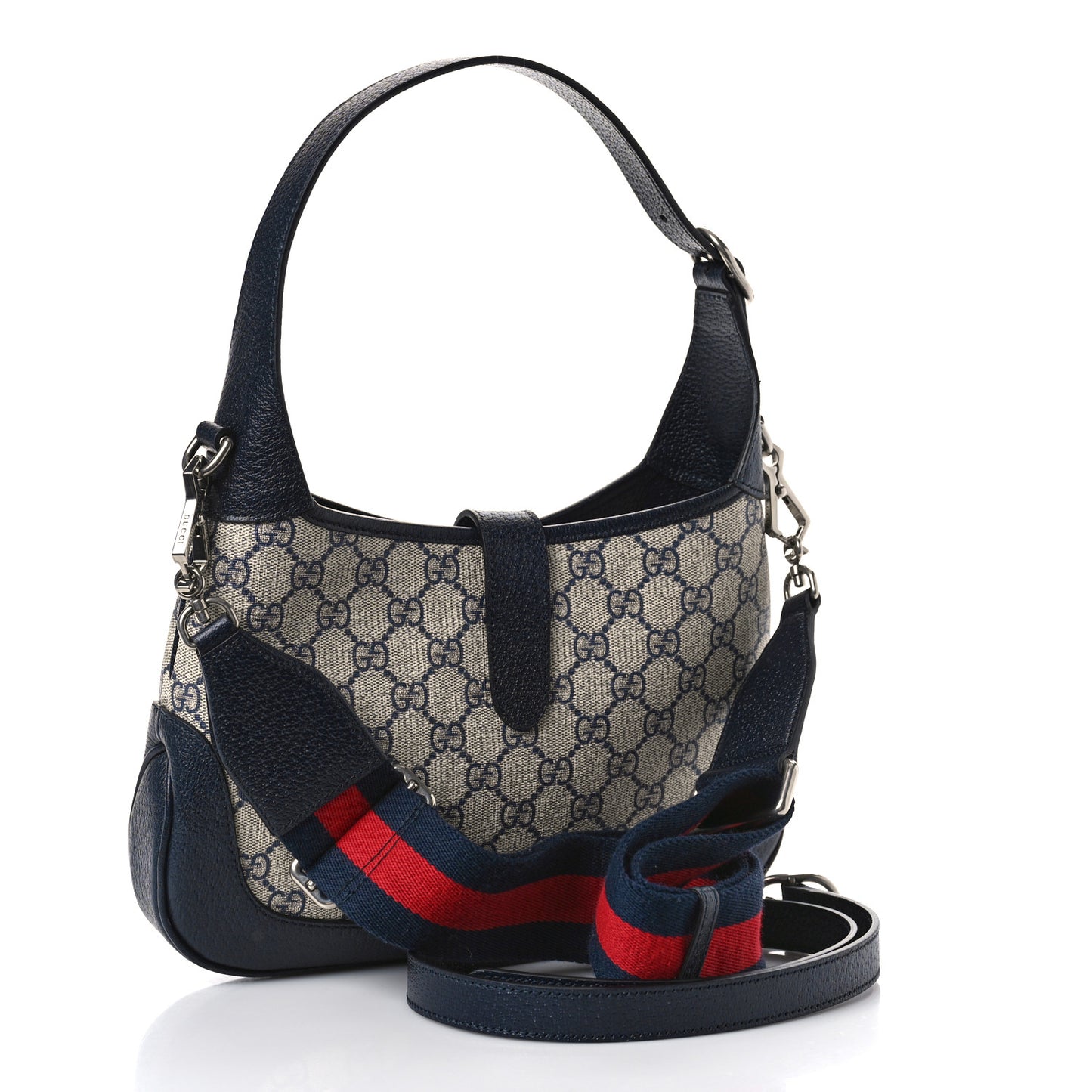 GG Supreme Monogram Textured Dollar Calfskin Web Small Jackie 1961 Hobo Beige Blue