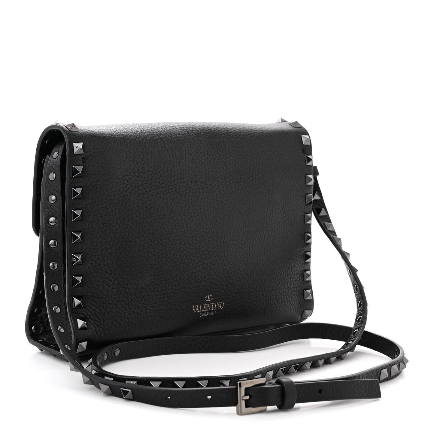 Pebbled Calfskin Monochrome Medium Rockstud Flip Lock Crossbody Bag Black