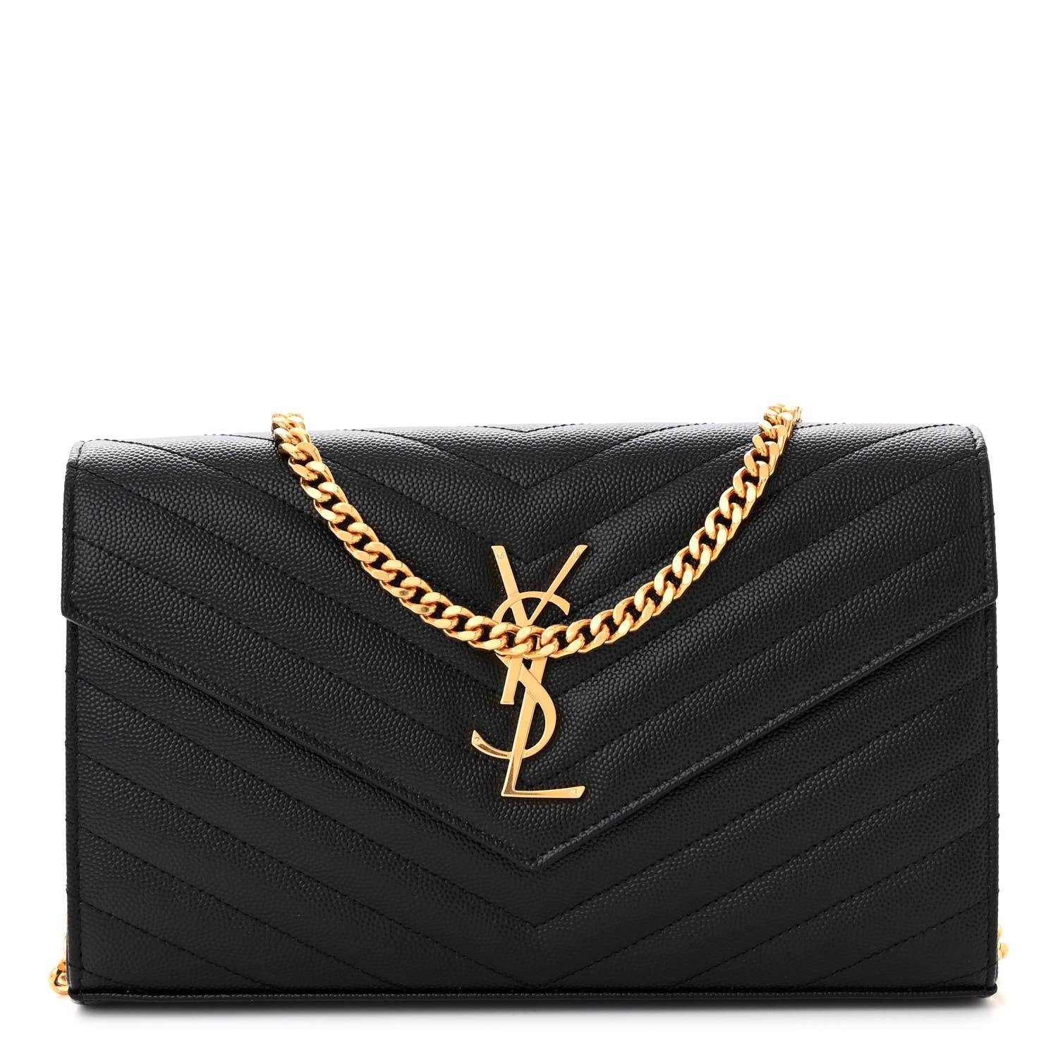 Saint Laurent Grain De Poudre Matelasse Chevron Monogram Chain Wallet Black 1 of 10
