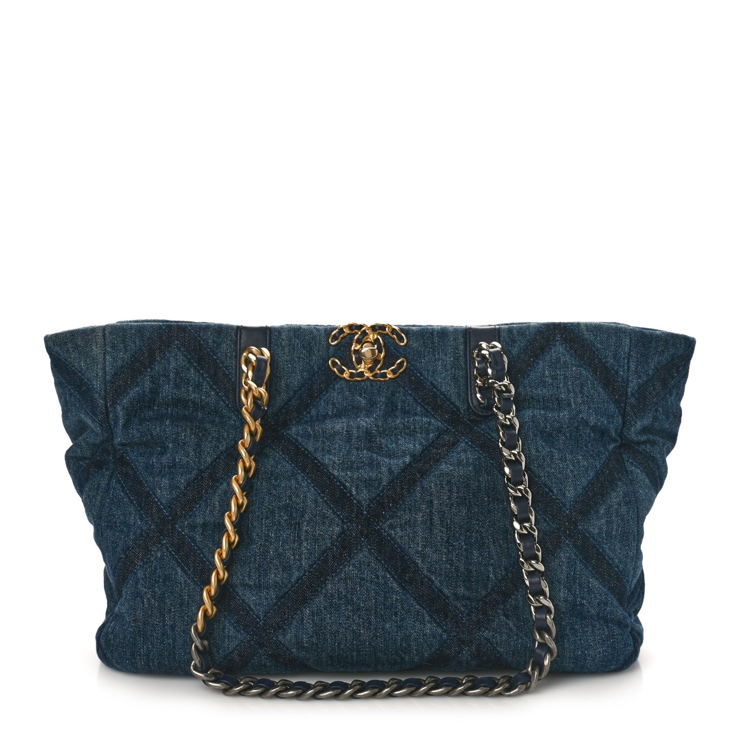 Denim Quilted Chanel 19 East West Shopping Bag Blue