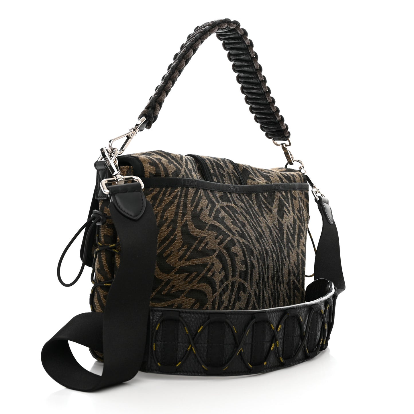 X SARAH COLEMAN Fabric Jacquard Vitello Grace FF Vertigo Woven Lanyard Large Baguette Tobacco Moro Black