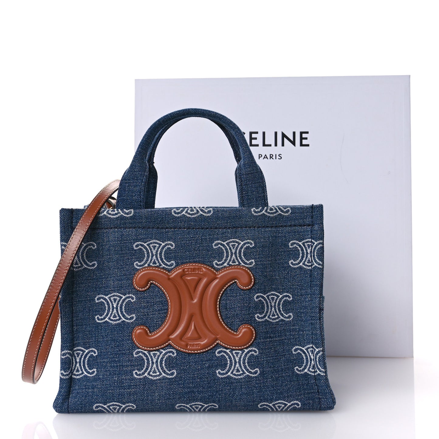 Denim Calfskin Triomphe Print Cabas Blue Tan
